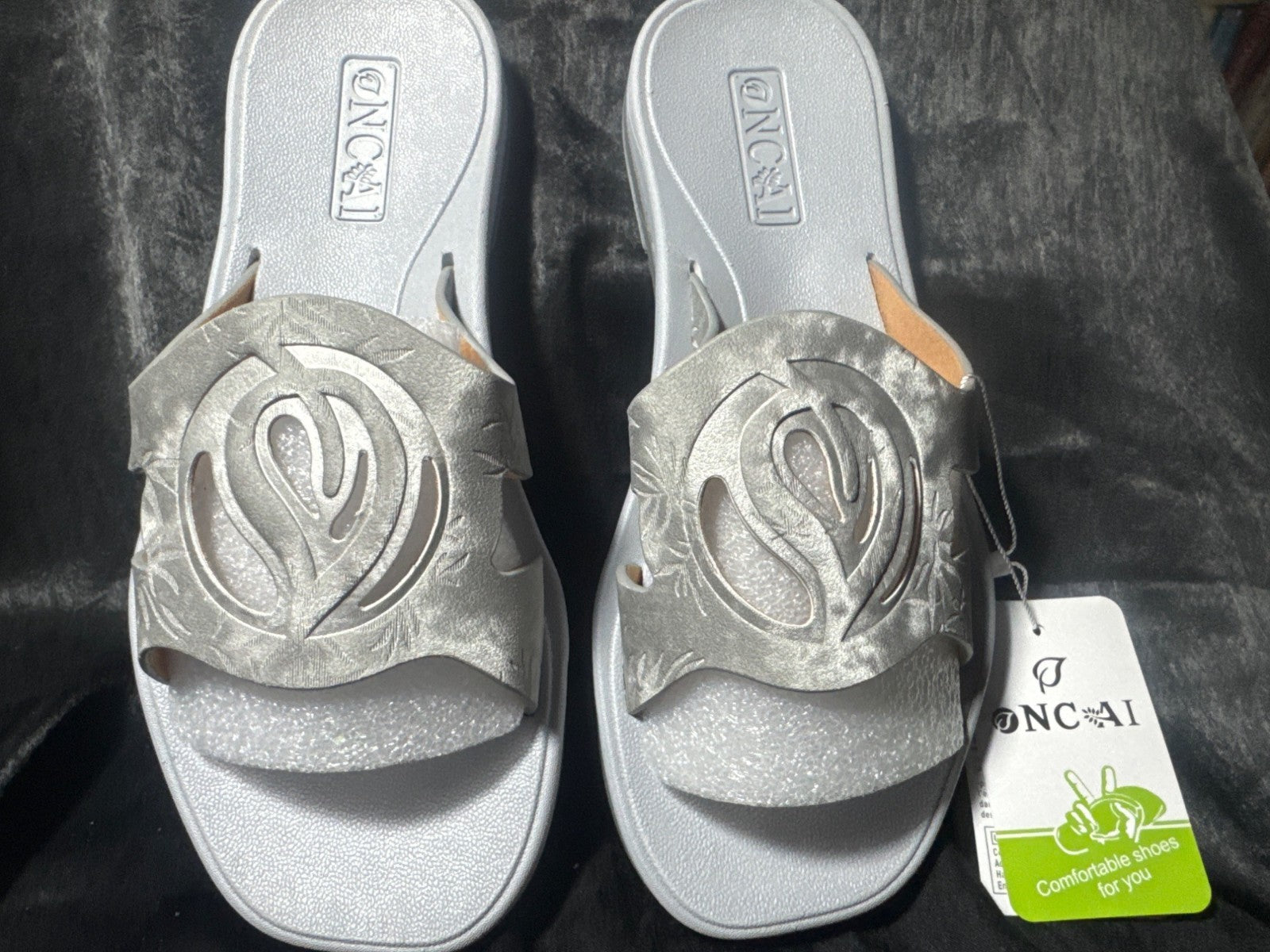 Womens Silver Slip-On Sandals By Oncai With Stylish Cut-Out Design & Embossed