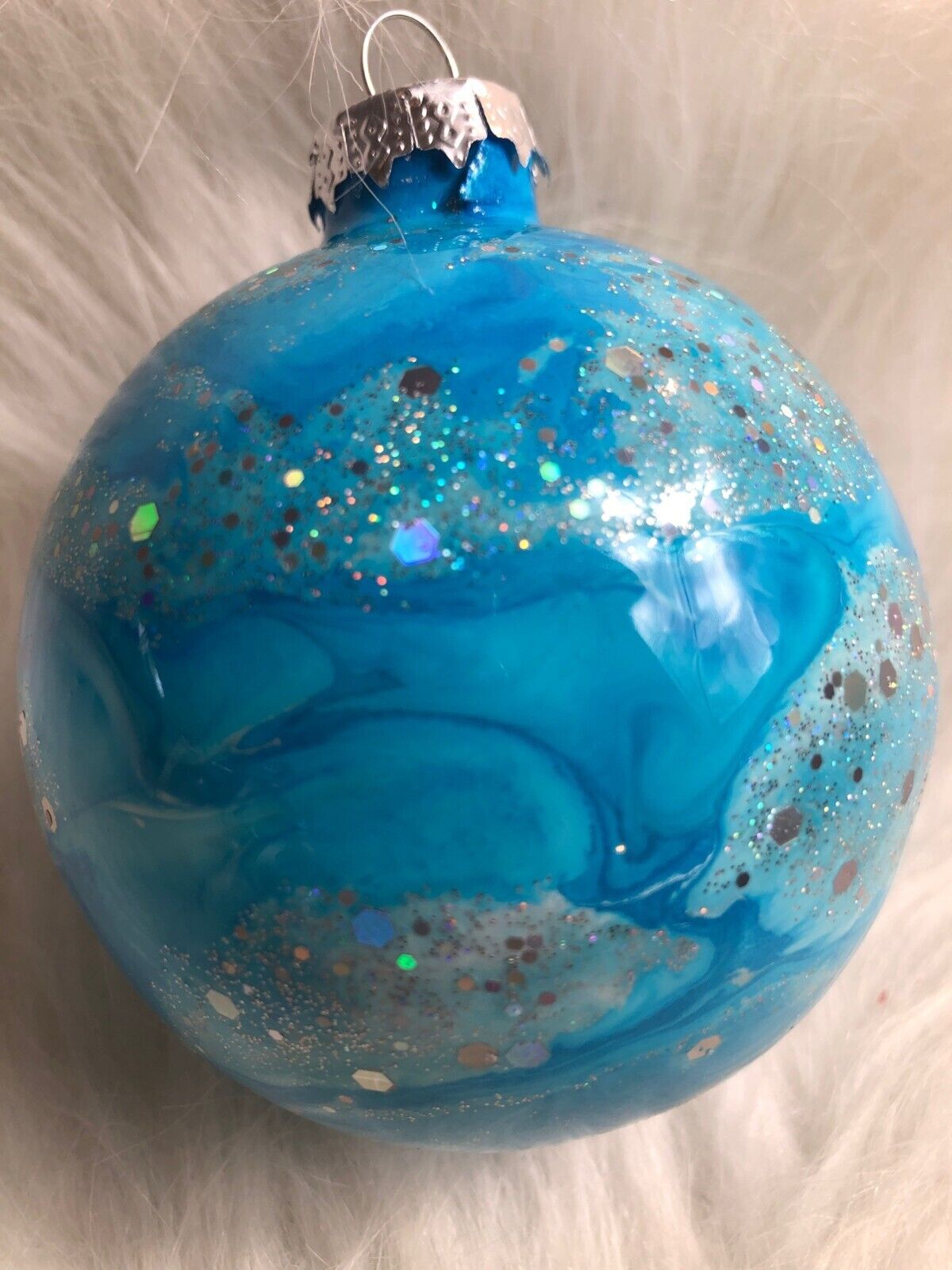 Hand-Painted Blue Christmas Ornament With Glitter Swirls