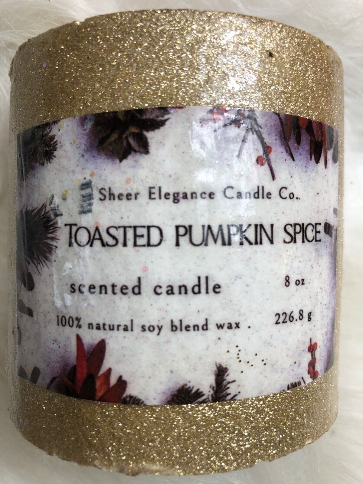 Sheer Elegance Candle Co. Toasted Pumpkin Spice Scented Candle Gold Glitter 8 Oz