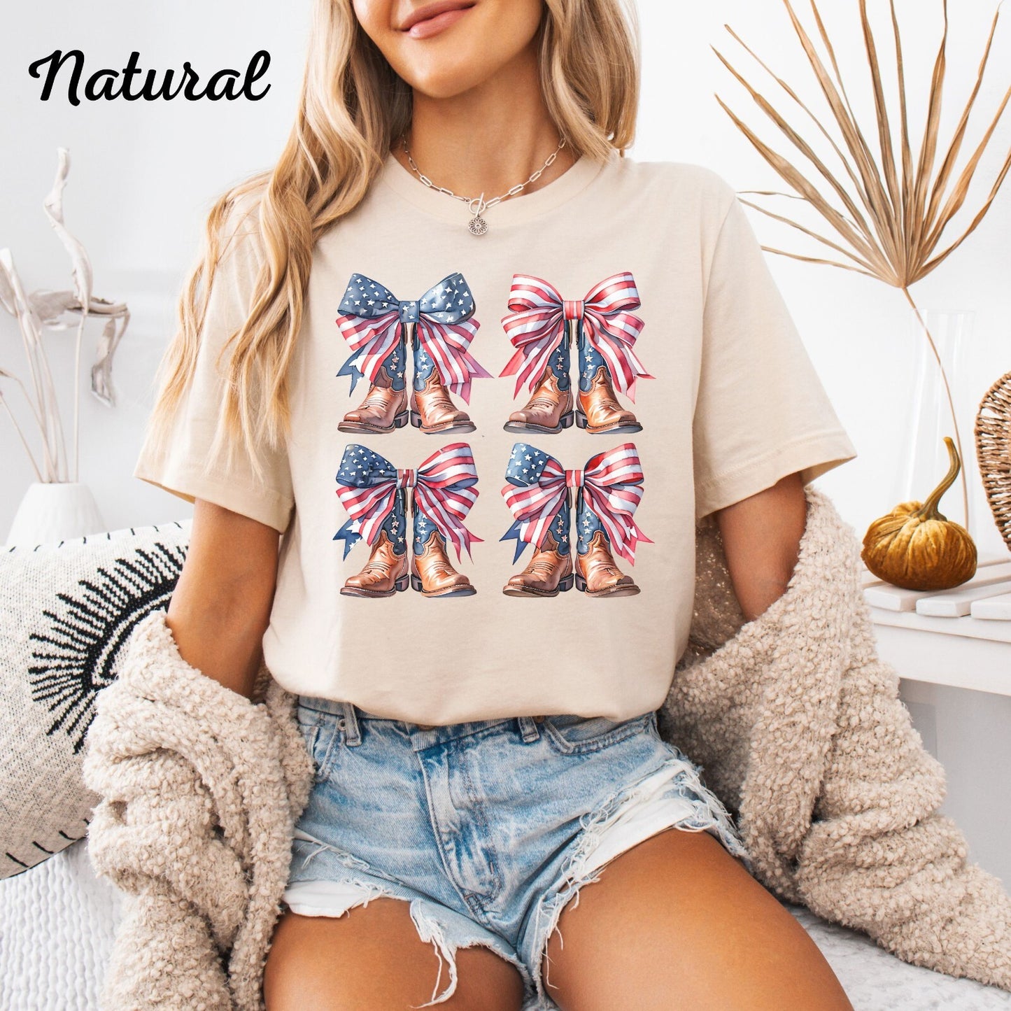 Womans T Shirt 4th of July American Flag Cowgirl Coquette Boots Top