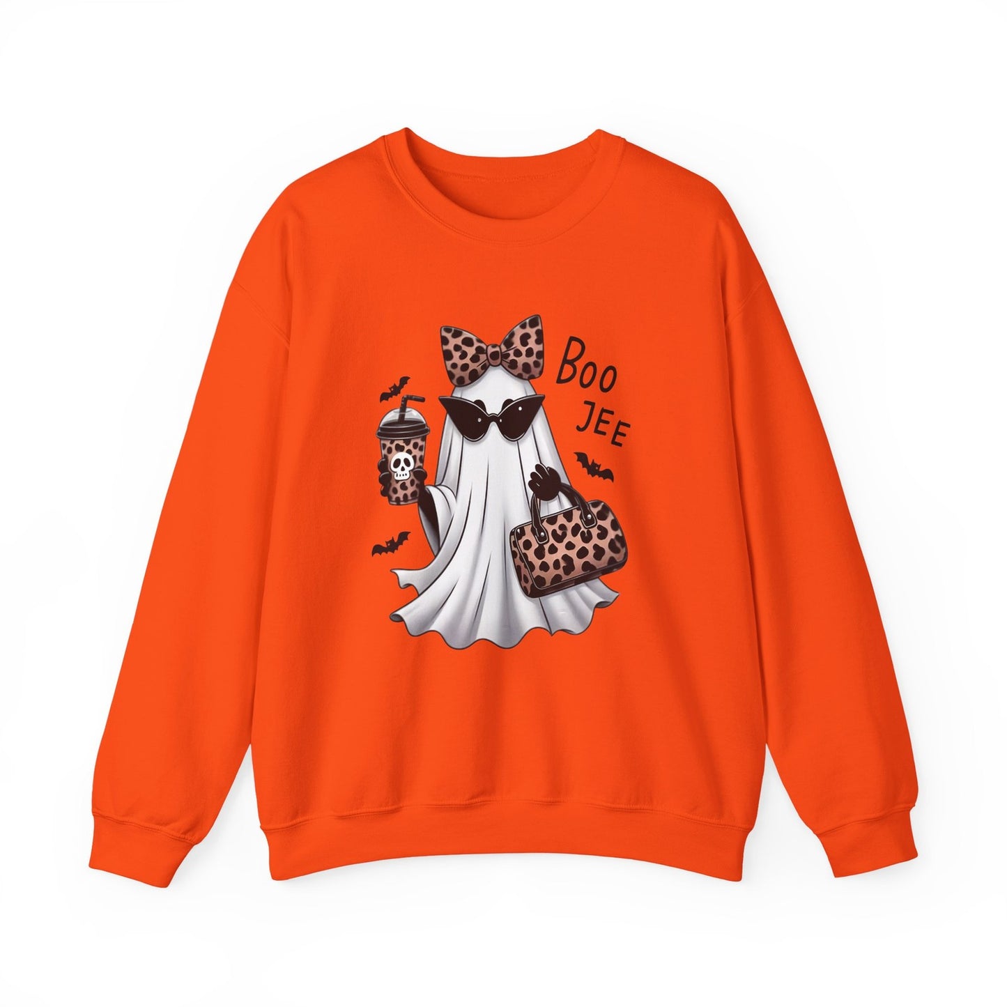 Womans Boojee Ghost Halloween Sweatshirt with Leopard Coquette Bow Cute Fall