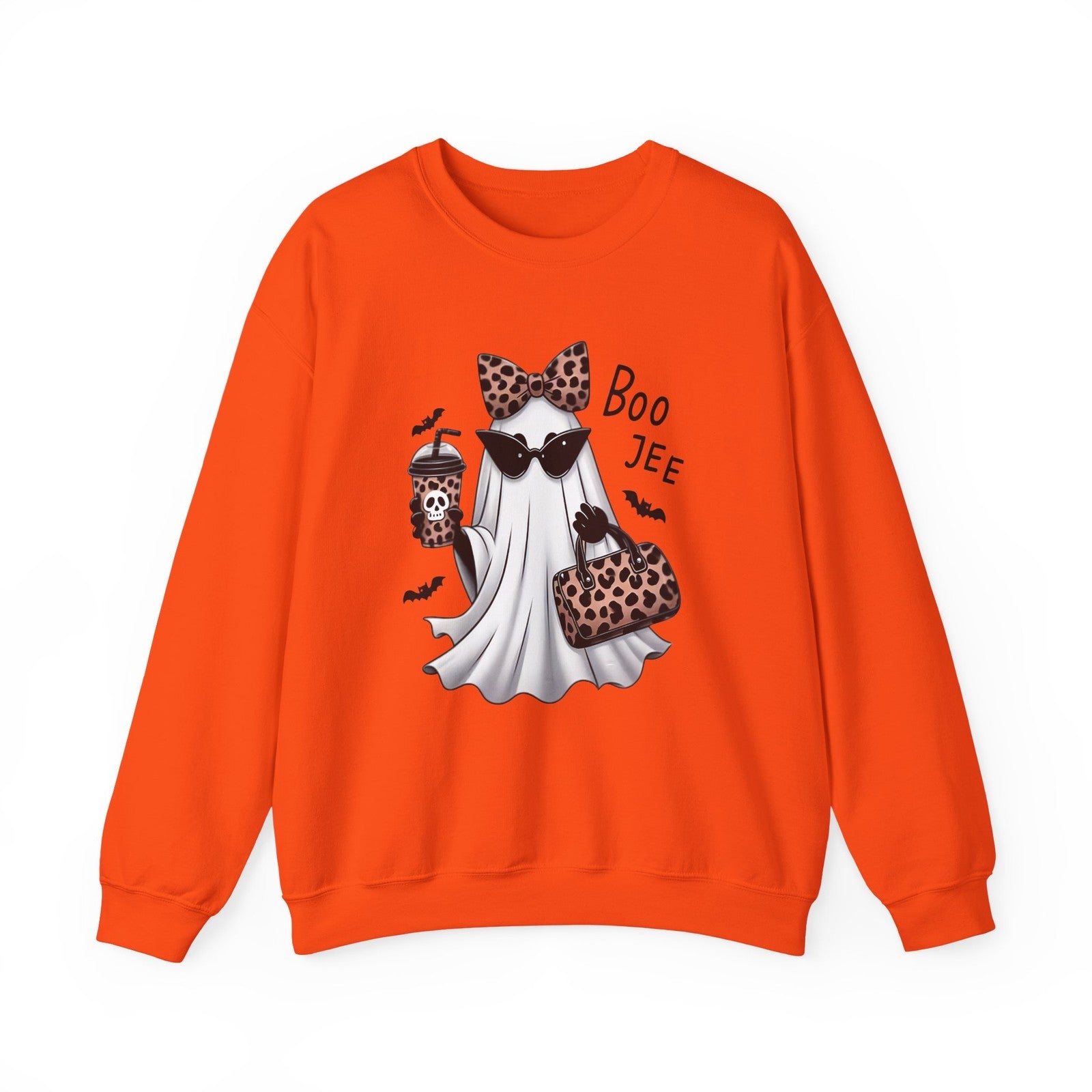Womans Boojee Ghost Halloween Sweatshirt with Leopard Coquette Bow Cute Fall