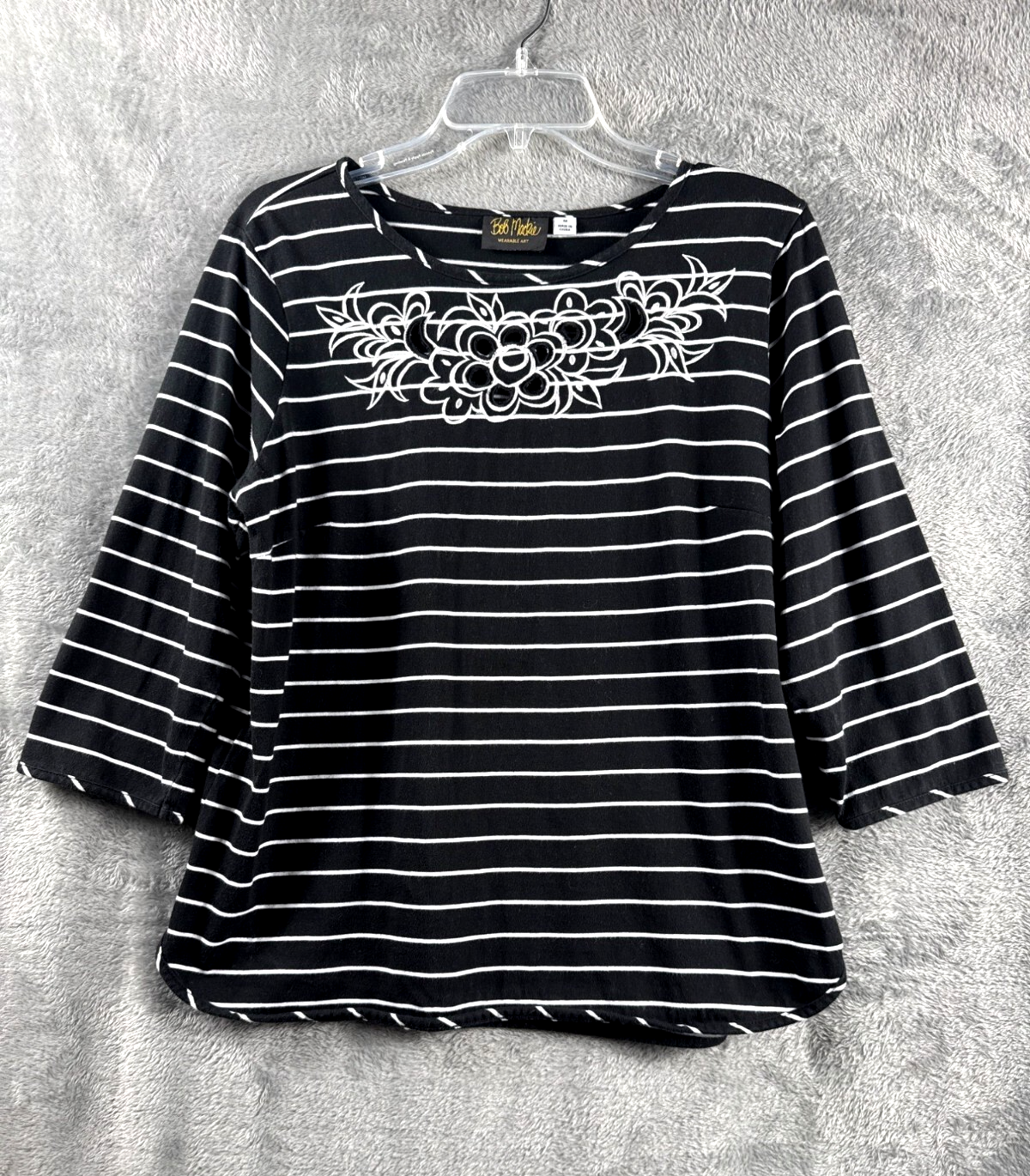 Bob Mackie Wearable Art Black & White Striped 3/4 Sleeve Top With Floral Embroid