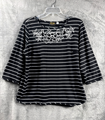 Bob Mackie Wearable Art Black & White Striped 3/4 Sleeve Top With Floral Embroid
