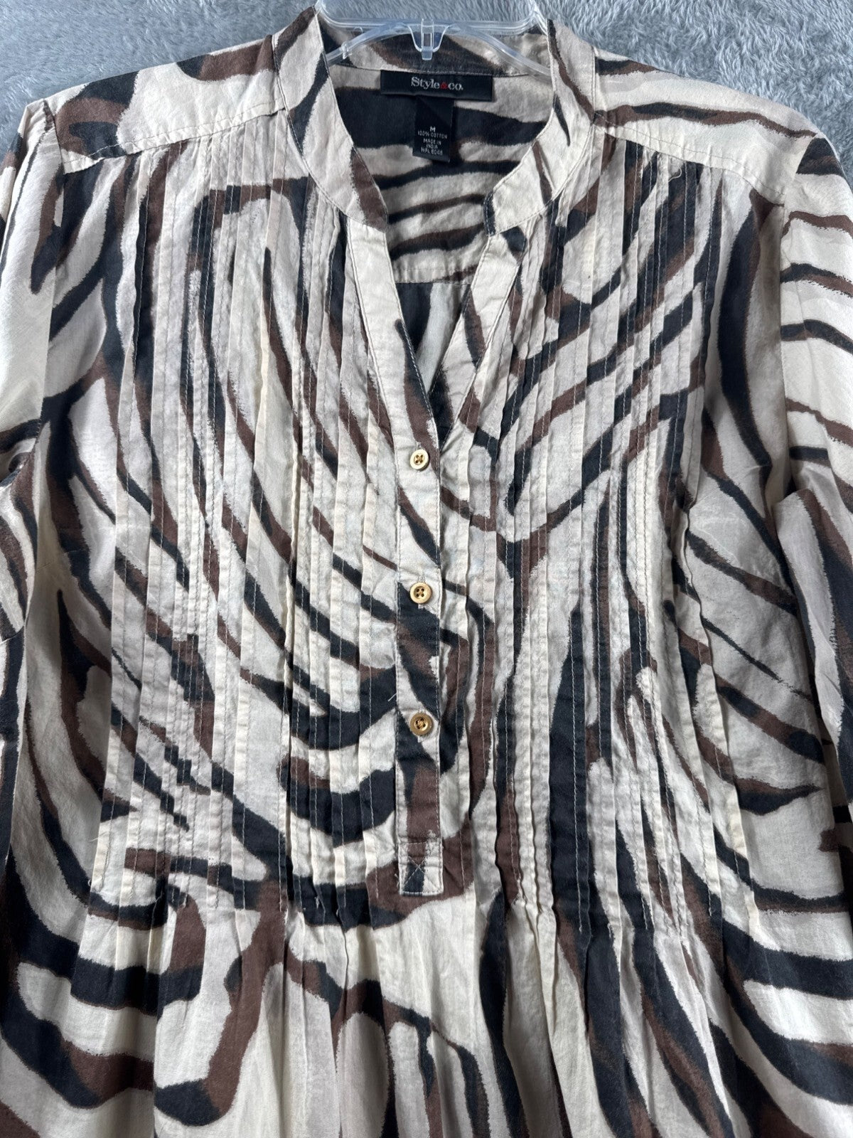 Style & Co Womens Shirt Zebra Print Button-Front Blouse M  Brown/Beige