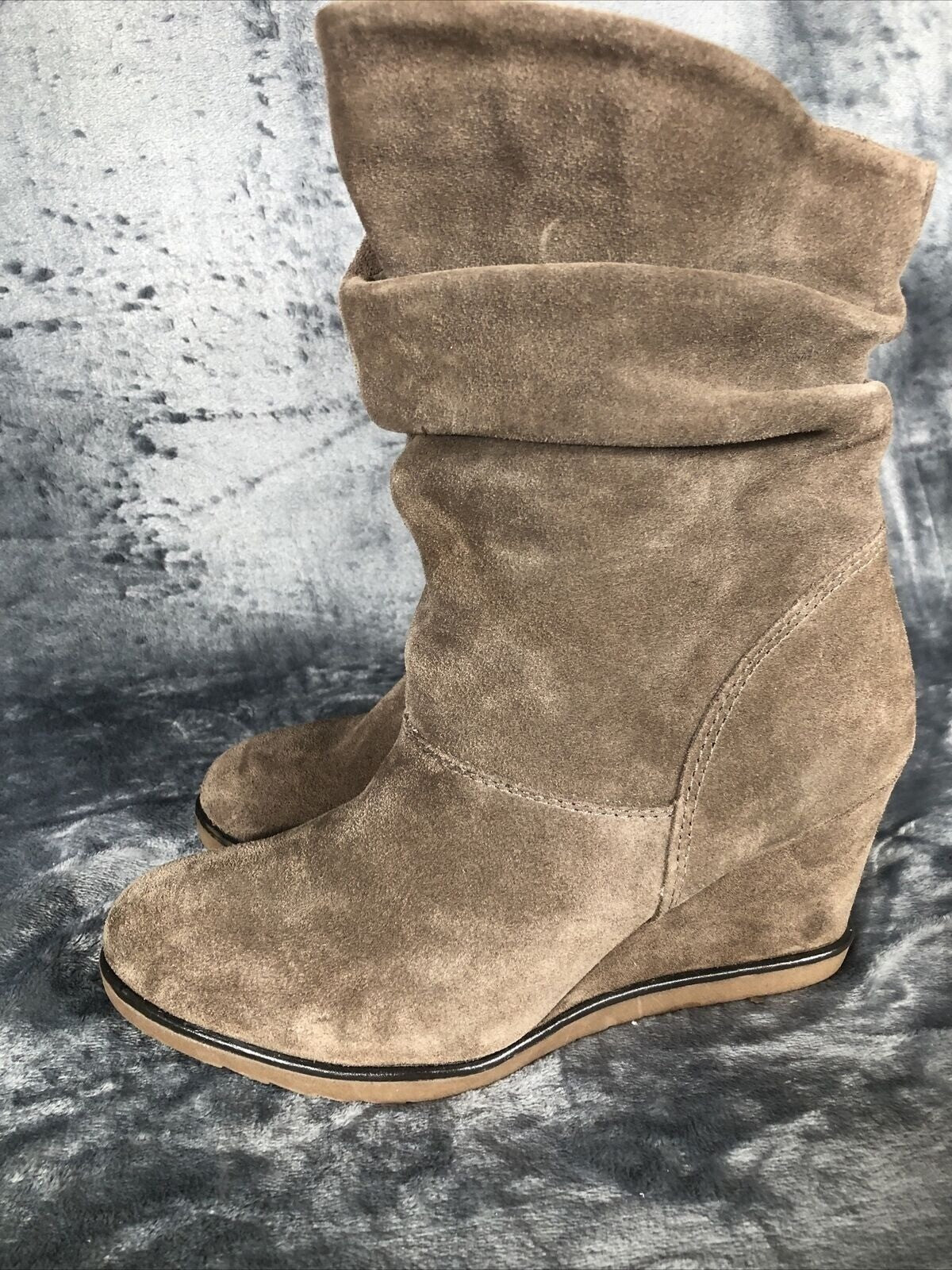 Suede Boots Woman's Wedge Heel Slouch Brown Boots With Zipper Closure & Stitch