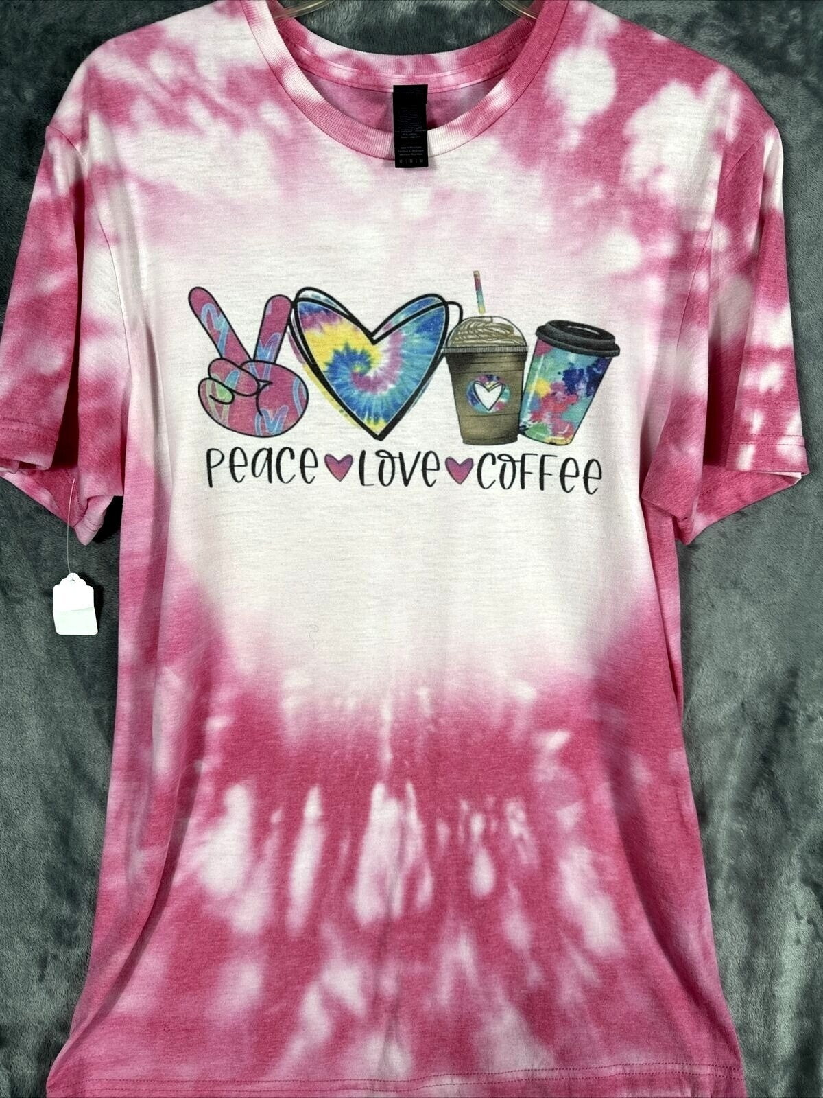 Gildan Women’s TShirt Peace Love And Coffee Shirt Pink Hippie Vibes Medium Top