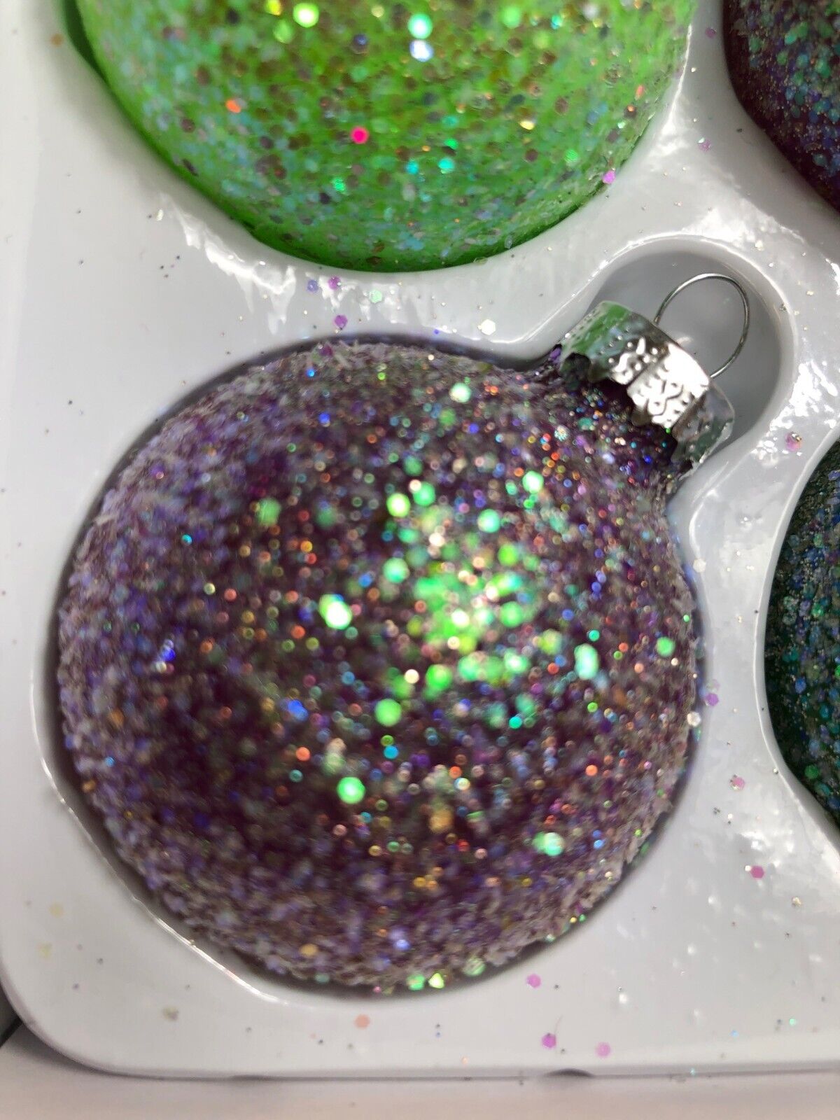 Richland Glass Christmas Ornaments Set Of 12 - 2" Glitter Green & Purple Baubles