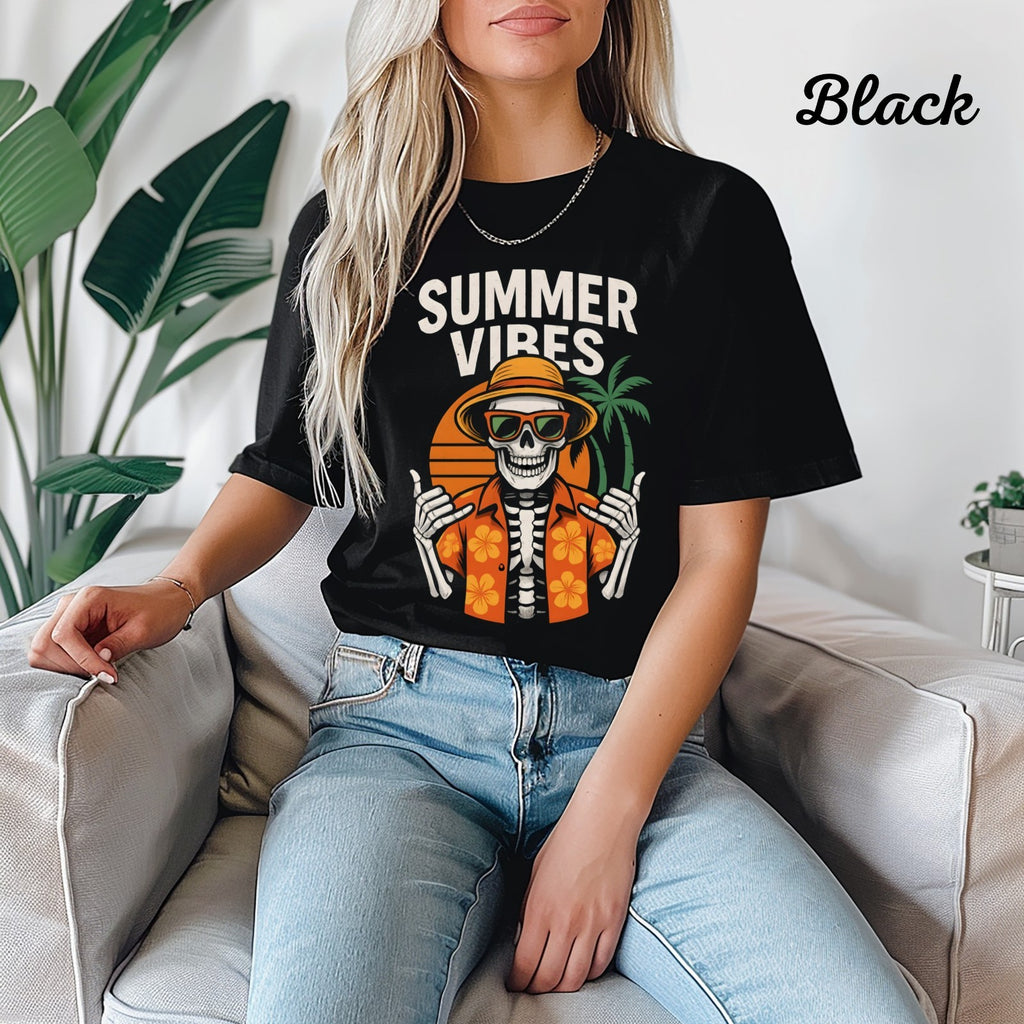 Womans T Shirt Funny Skeleton with Sunglasses Halloween Tee Beach Vibes Skull