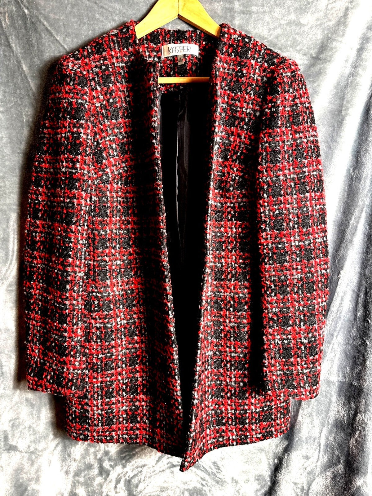 Kasper Womens Medium Tweed Plaid Open Front Blazer Jacket Made In Vietnam