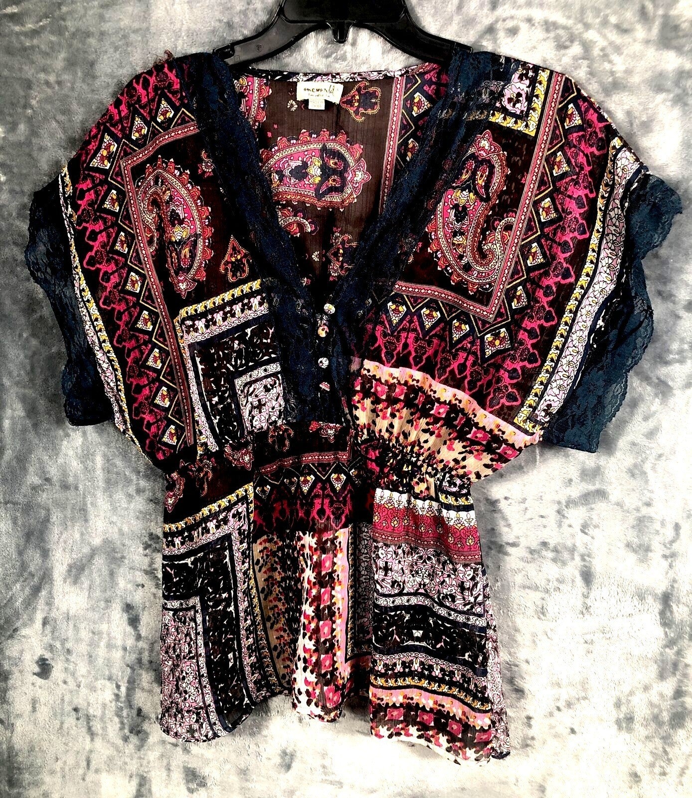OneWorld Womens Blouse Boho Kimono Top With Lace Trim & Paisley Design