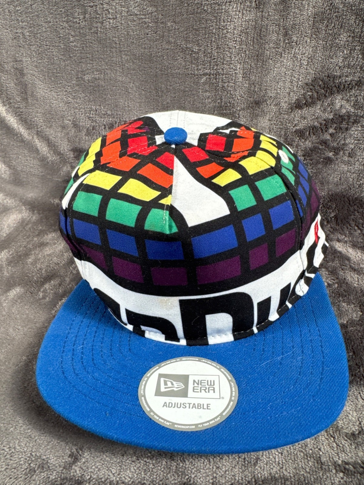 New Era Adjustable Hat With Rainbow Grid & Blue Brim