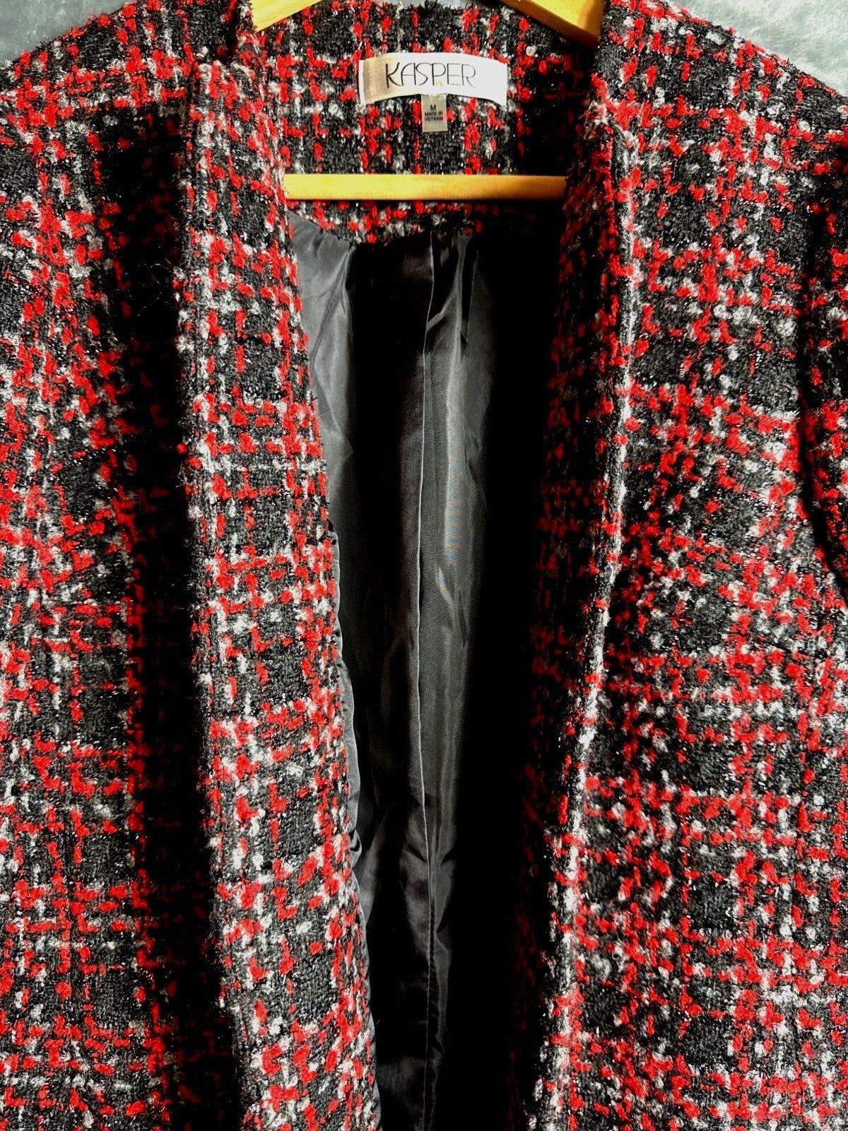 Kasper Womens Medium Tweed Plaid Open Front Blazer Jacket Made In Vietnam