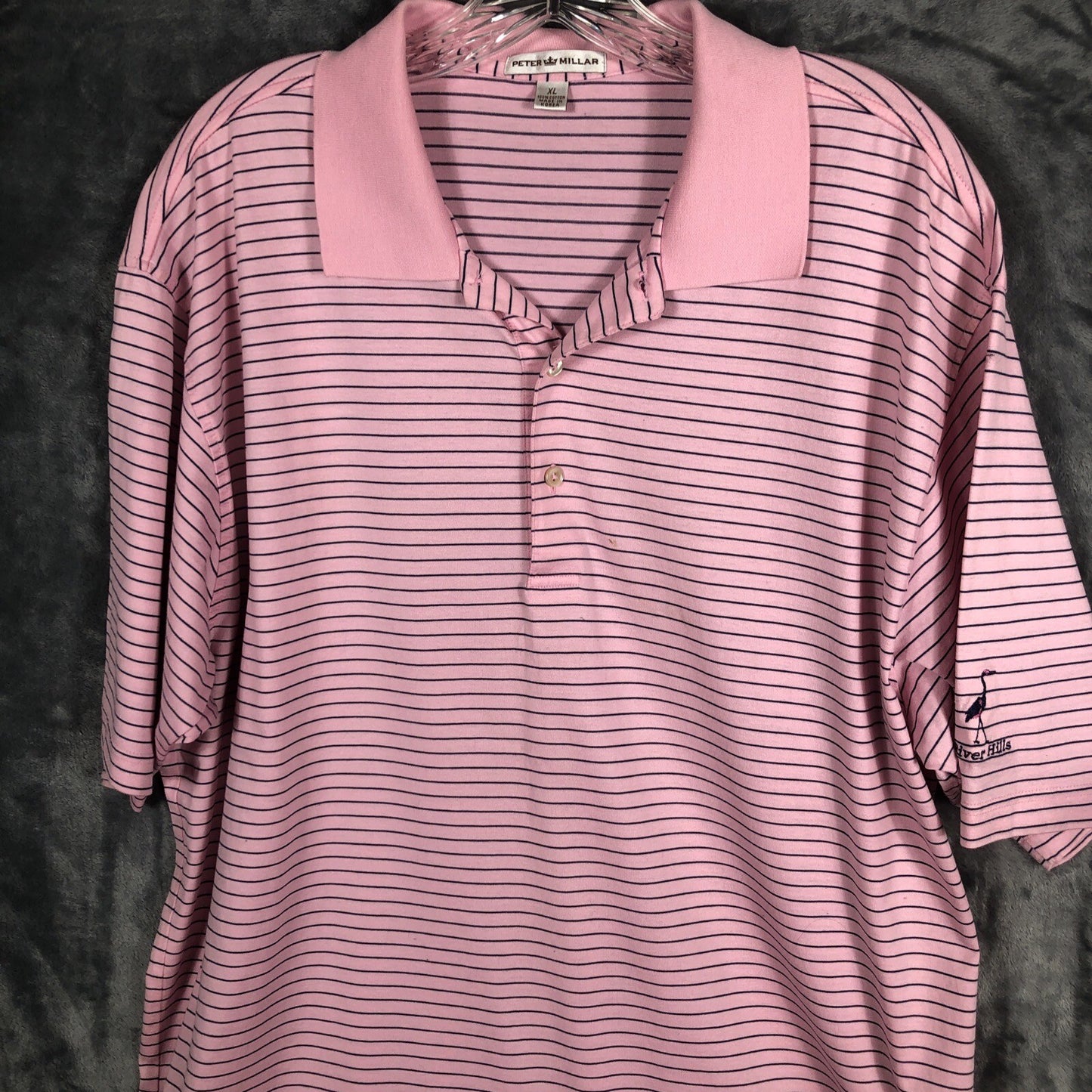 Peter Millar Men's Polo Golf Shirt Pink Stripped Extra-Large River Hills Logo