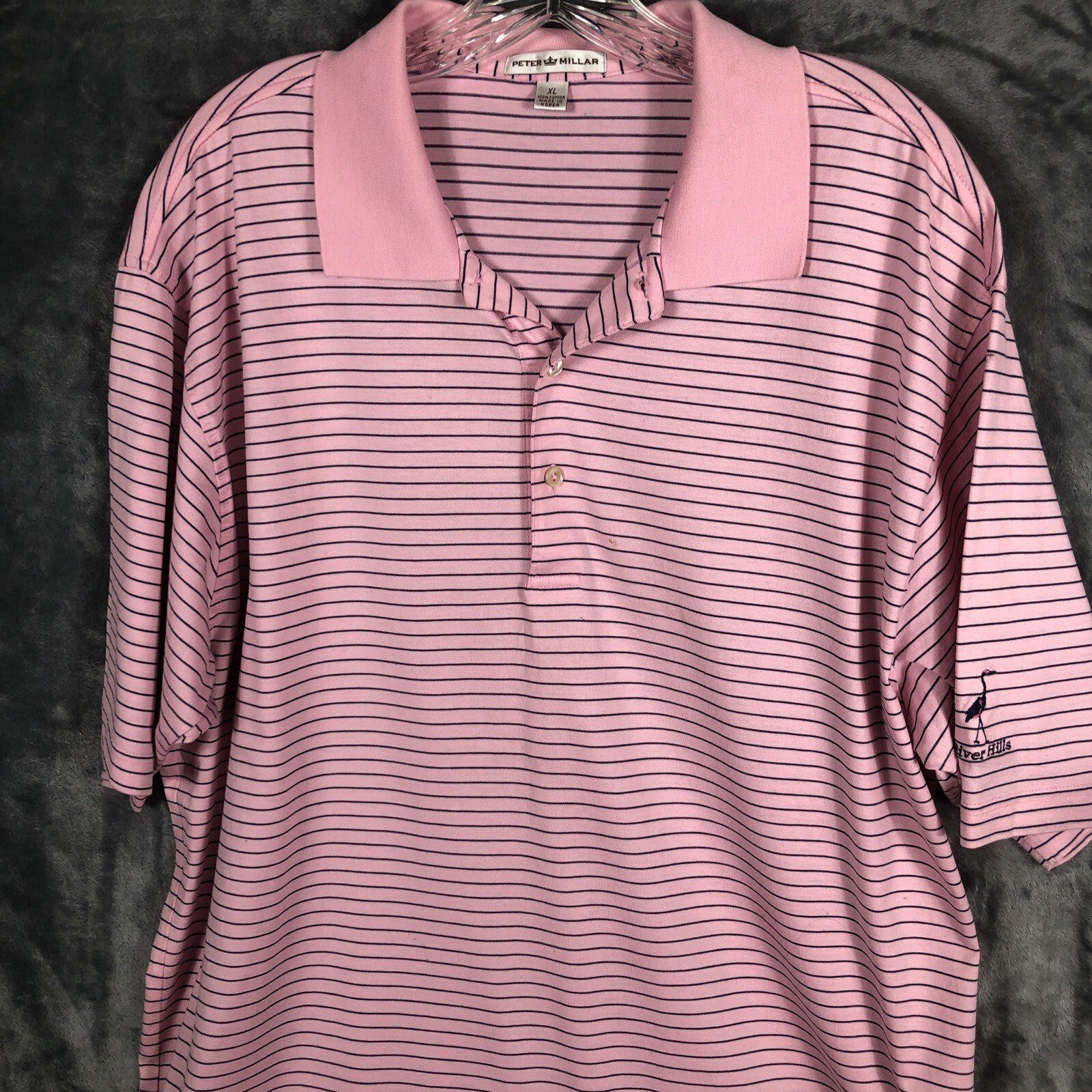 Peter Millar Men's Polo Golf Shirt Pink Stripped Extra-Large River Hills Logo