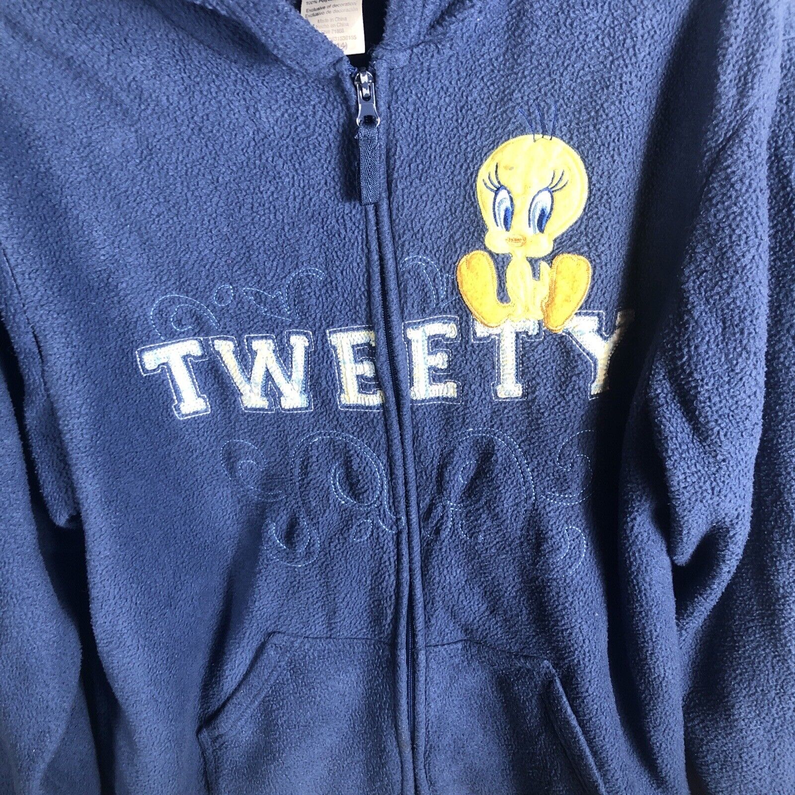 Women's Looney Tunes Tweety Bird Blue Fleece Zip Up Hoodie Sweatshirt Size Large