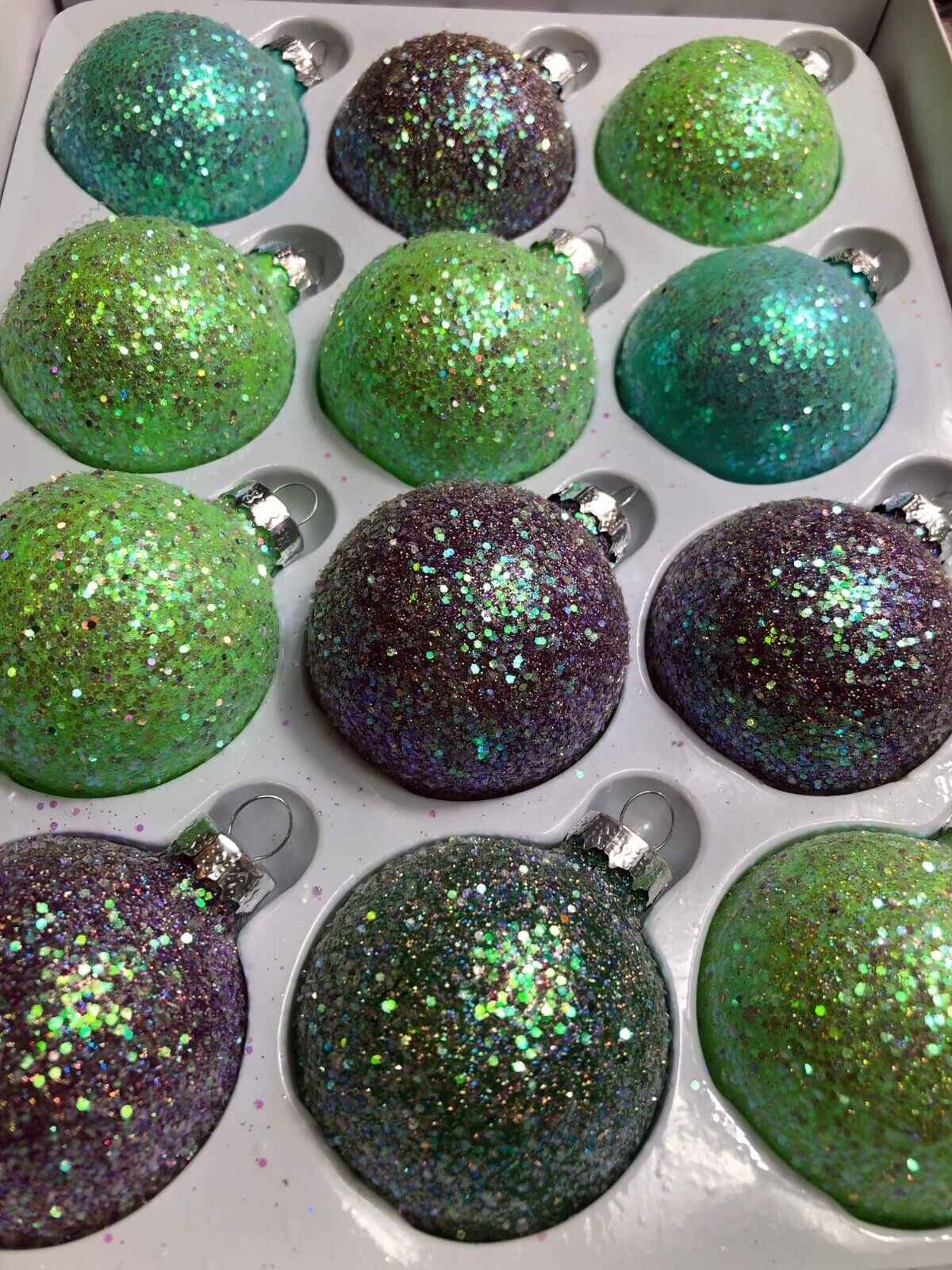 Richland Glass Christmas Ornaments Set Of 12 - 2" Glitter Green & Purple Baubles