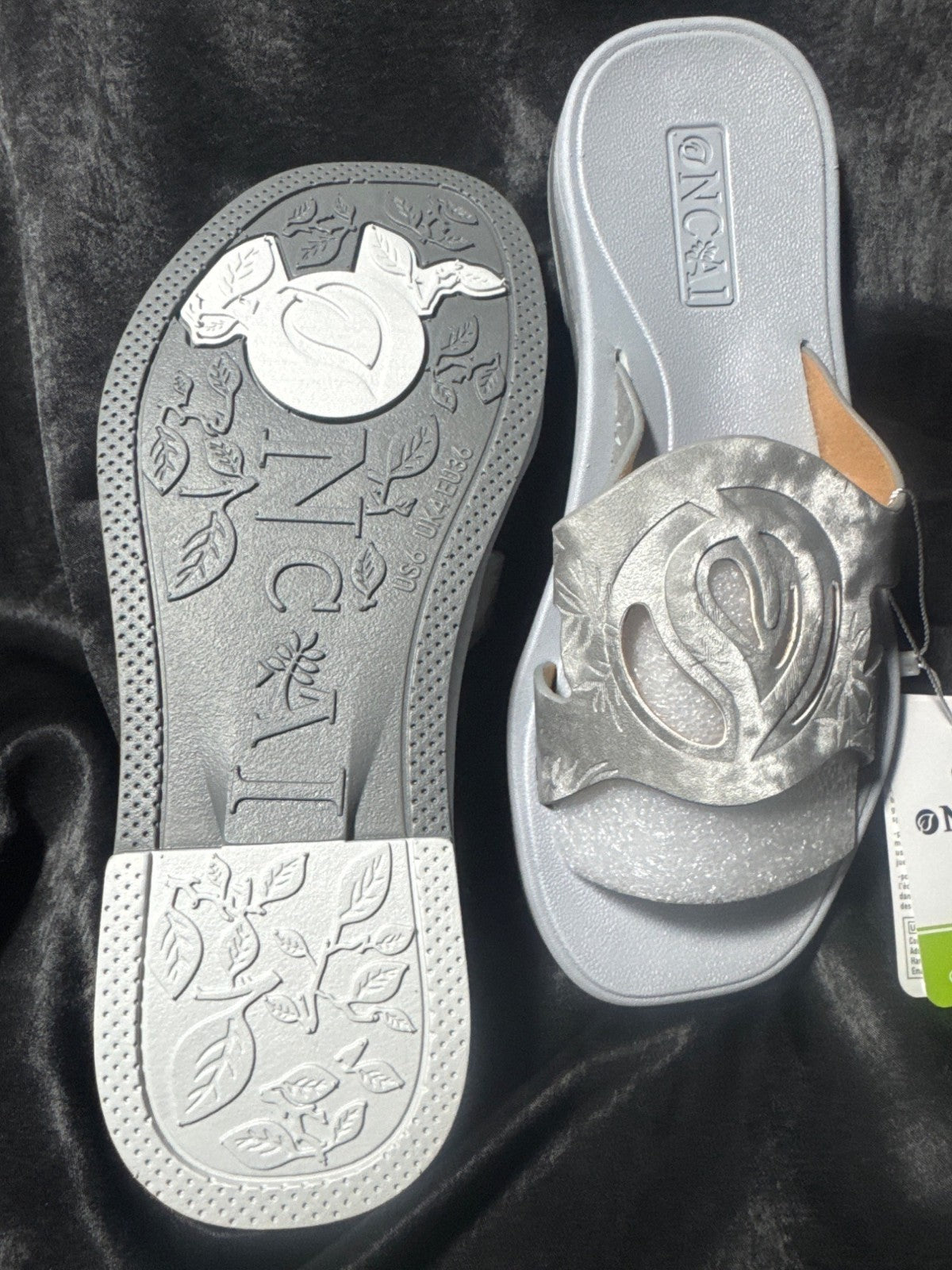 Womens Silver Slip-On Sandals By Oncai With Stylish Cut-Out Design & Embossed