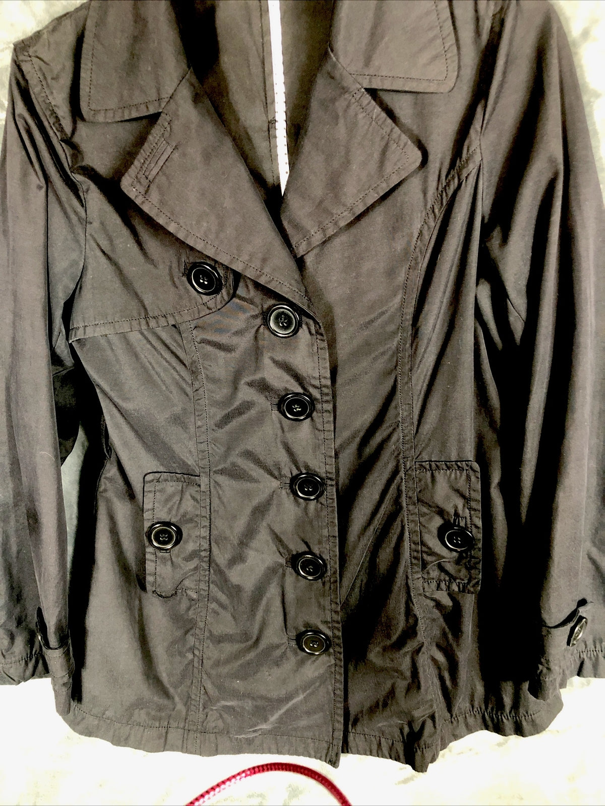 Joujou Ladies Black Trench Coat, Size Lightweight Button Down Missing Belt