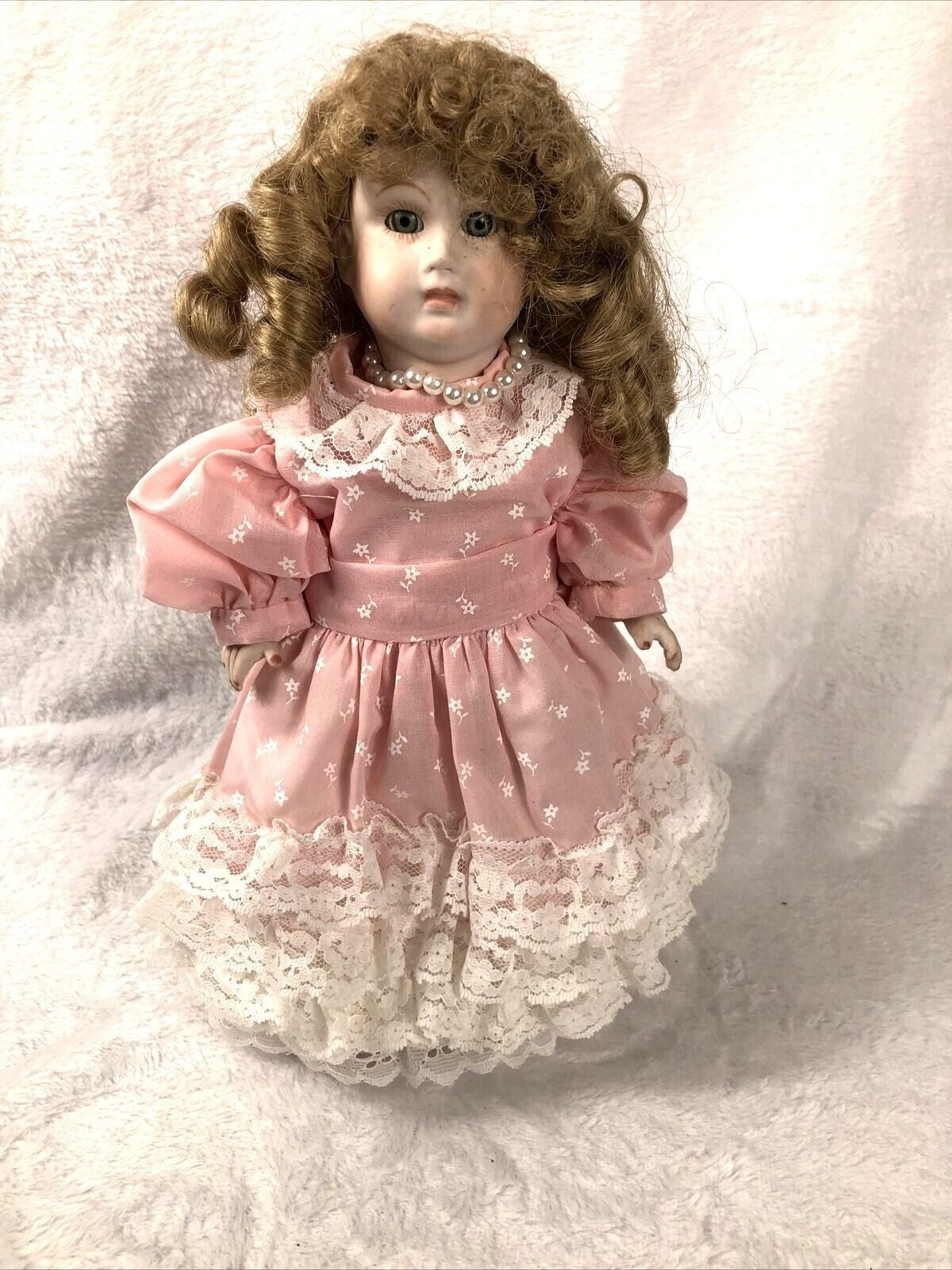 Vintage Porcelain Doll With Curly Hair & Pink Lace Dress
