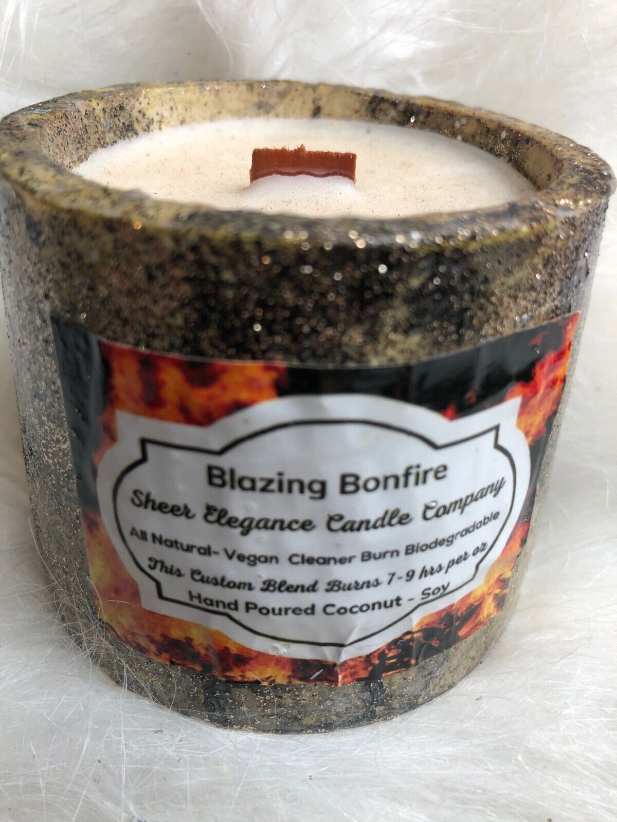 Blazing Bonfire Glitter Candle Hand Poured 7-9 Hours Burn Vegan All Natural Biod
