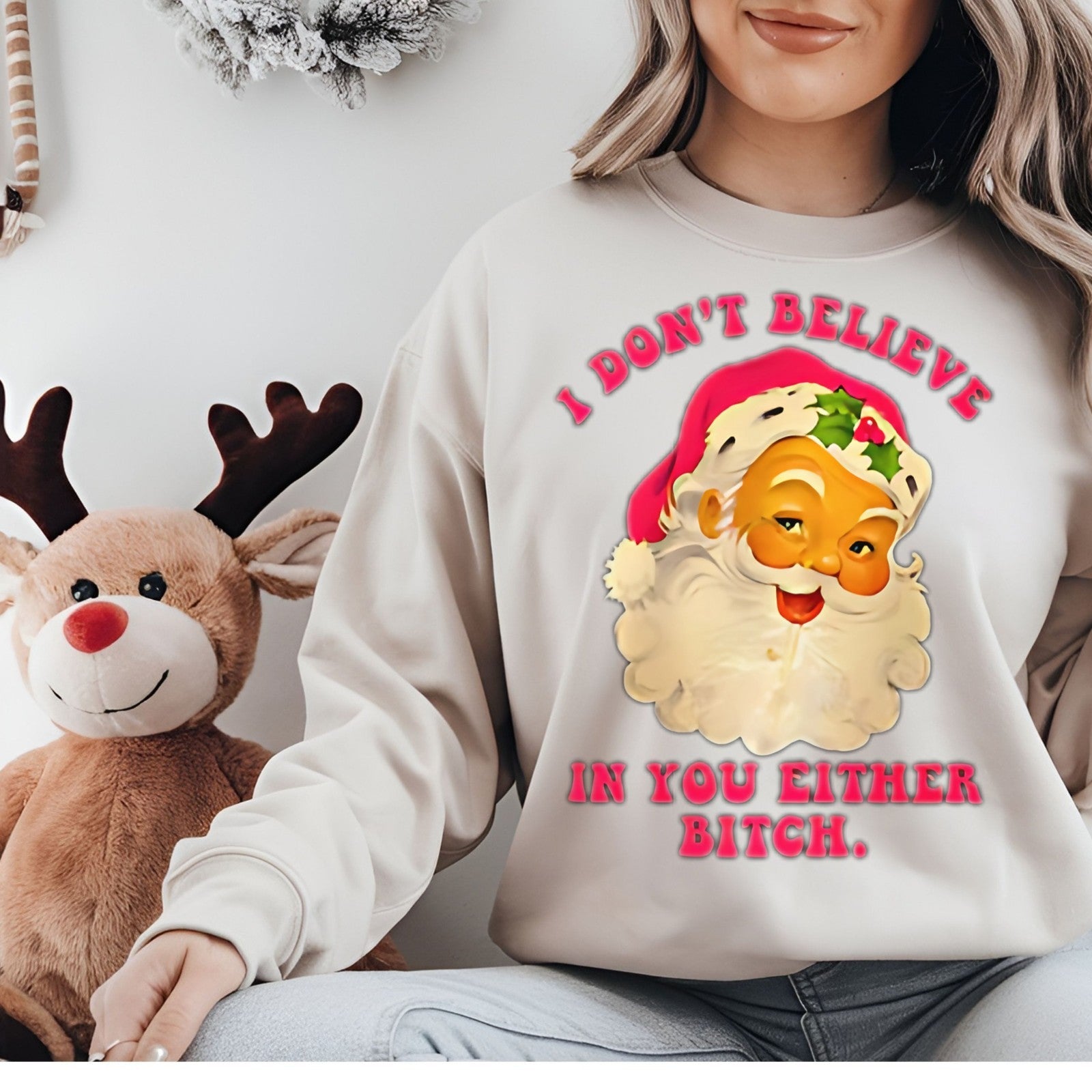 Womans Funny Christmas Sweatshirt Sarcastic Santa Top Festive Naughty Pullover 