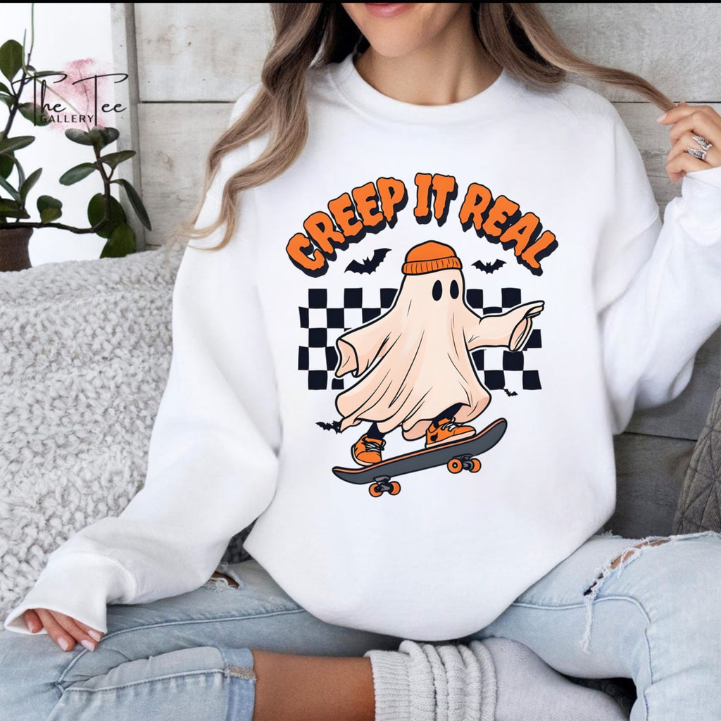 Womans Sweatshirt Creap It Real Funny Halloween Ghost Pullover Shirt