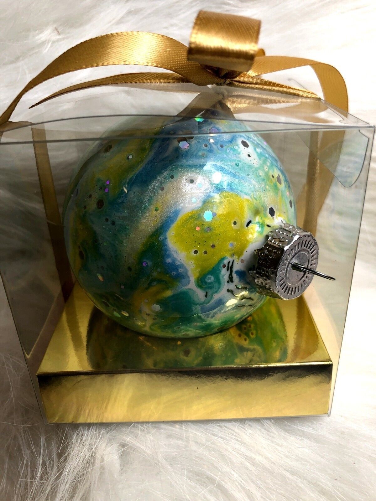 Christmas Ornament Green & Yellow Swirl Globe Hand-Painted Marbled Bauble