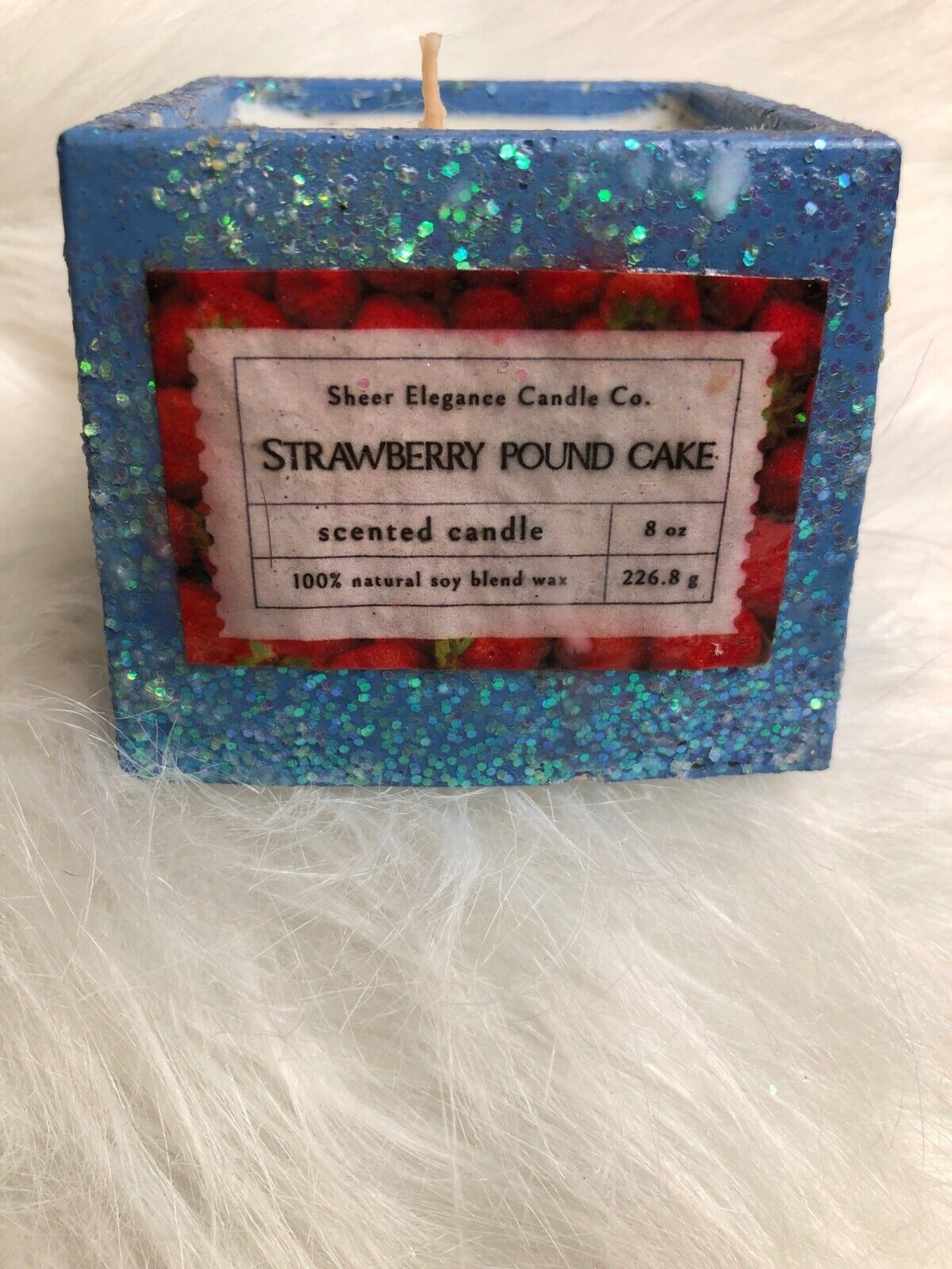 Sheer Elegance Candle Co. Strawberry Pound Cake Scented Candle 8 Oz Blue Glitter