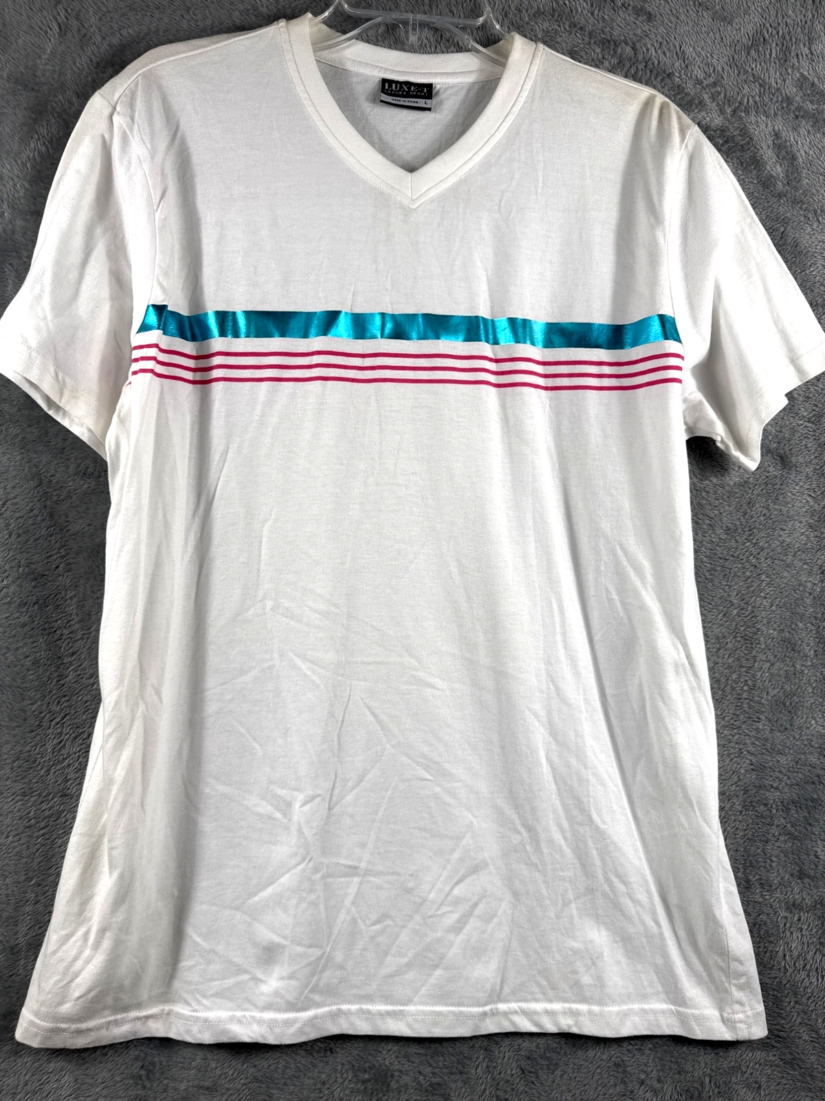 White Luxe-T Mens V-Neck T-Shirt With Blue & Pink Stripe Design Size L Cotton
