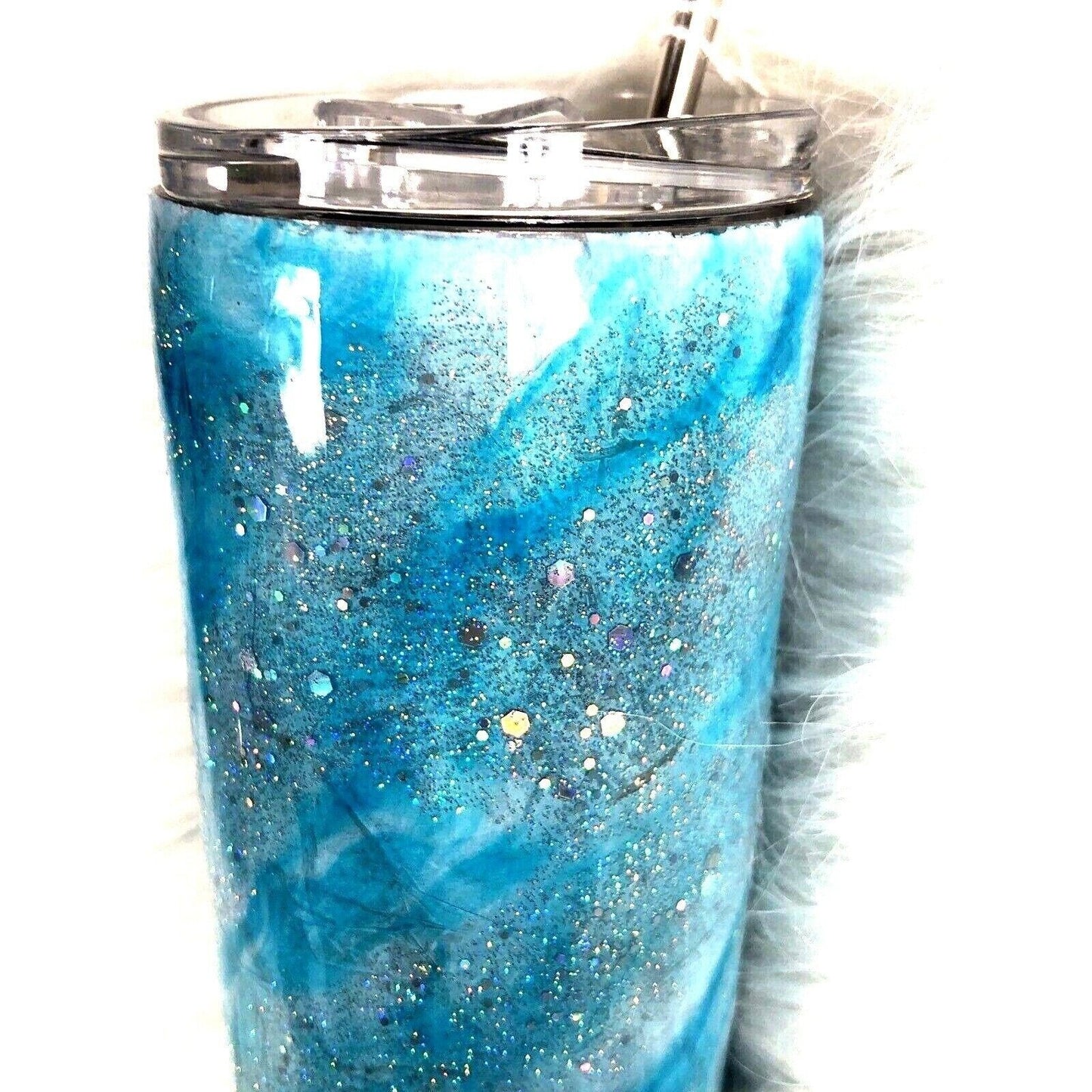 Blue/Silver Swirl Design Tumbler Stainless Steel Handmade Alcohol Ink Cup