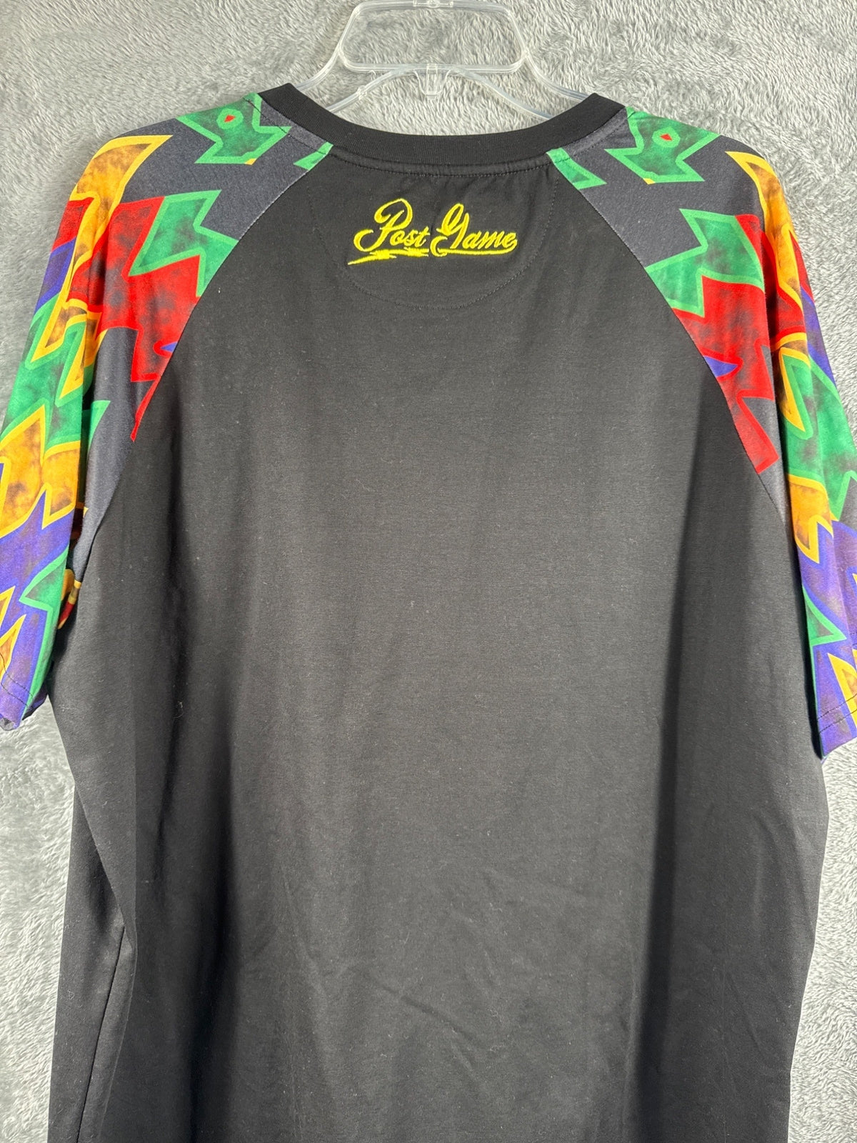 Post Game XL Black Shirt With Multicolor Geometric Sleeves & Logo