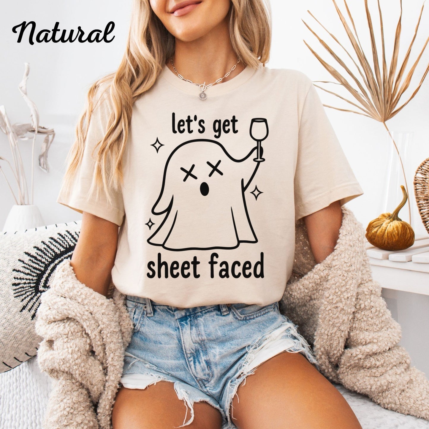Womans Halloween Shirt Lets Get Sheet Faced Tee  Boo Crew Party Ghost Vibes Top