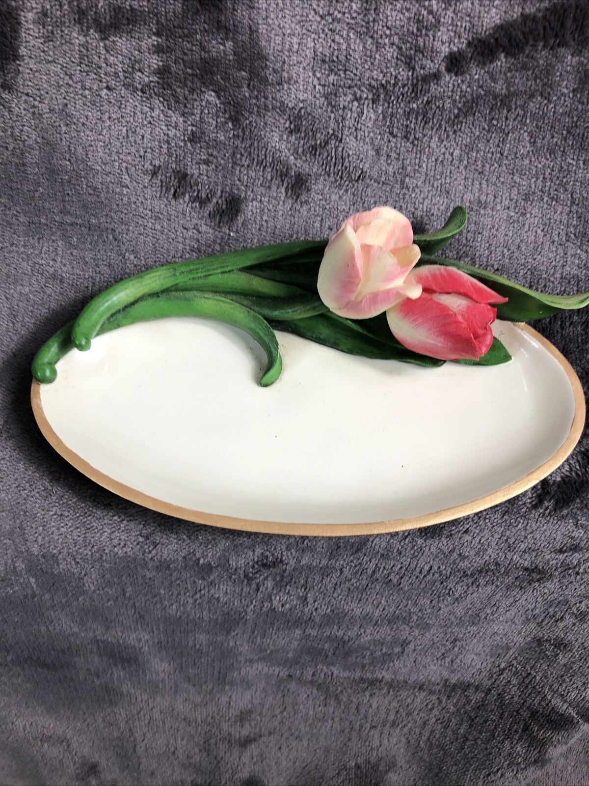 Artisan Flair Buds n Bows Pink Flowers Dish Gold Trim An Feet
