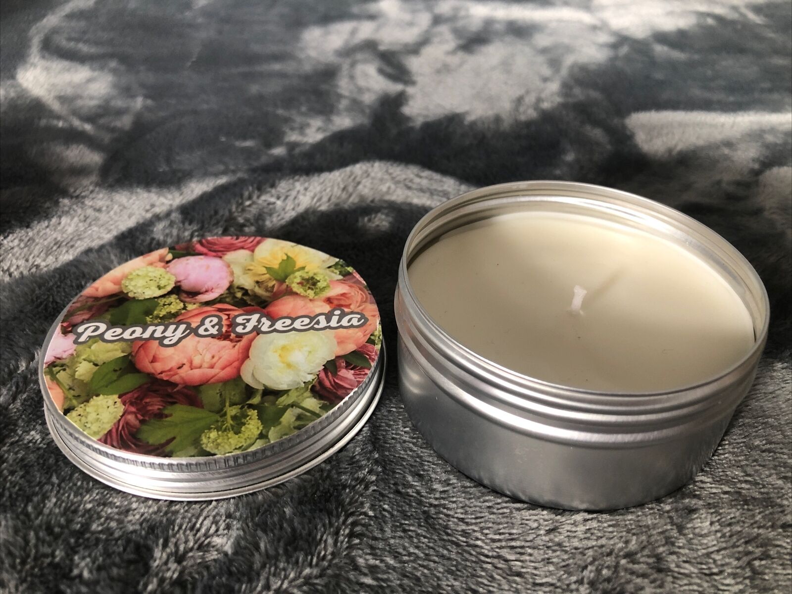 Candle Coconut And Soy Blend 4 Ounce Tin Peony In Freesia Hand Poured 