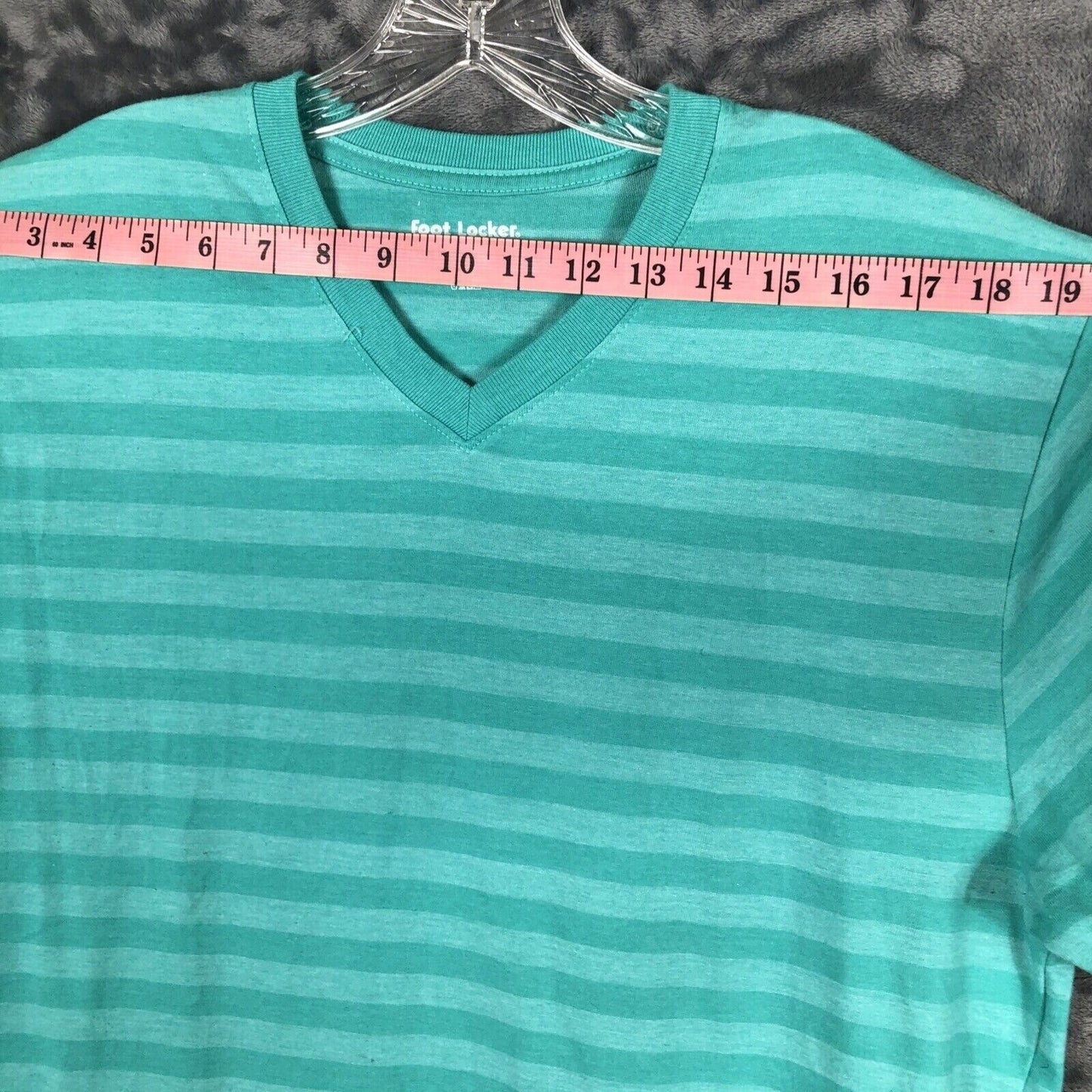 Foot Locker Mens Large Teal V-Neck Striped Short Sleeve Shirt 50% Cotton 50% Pol