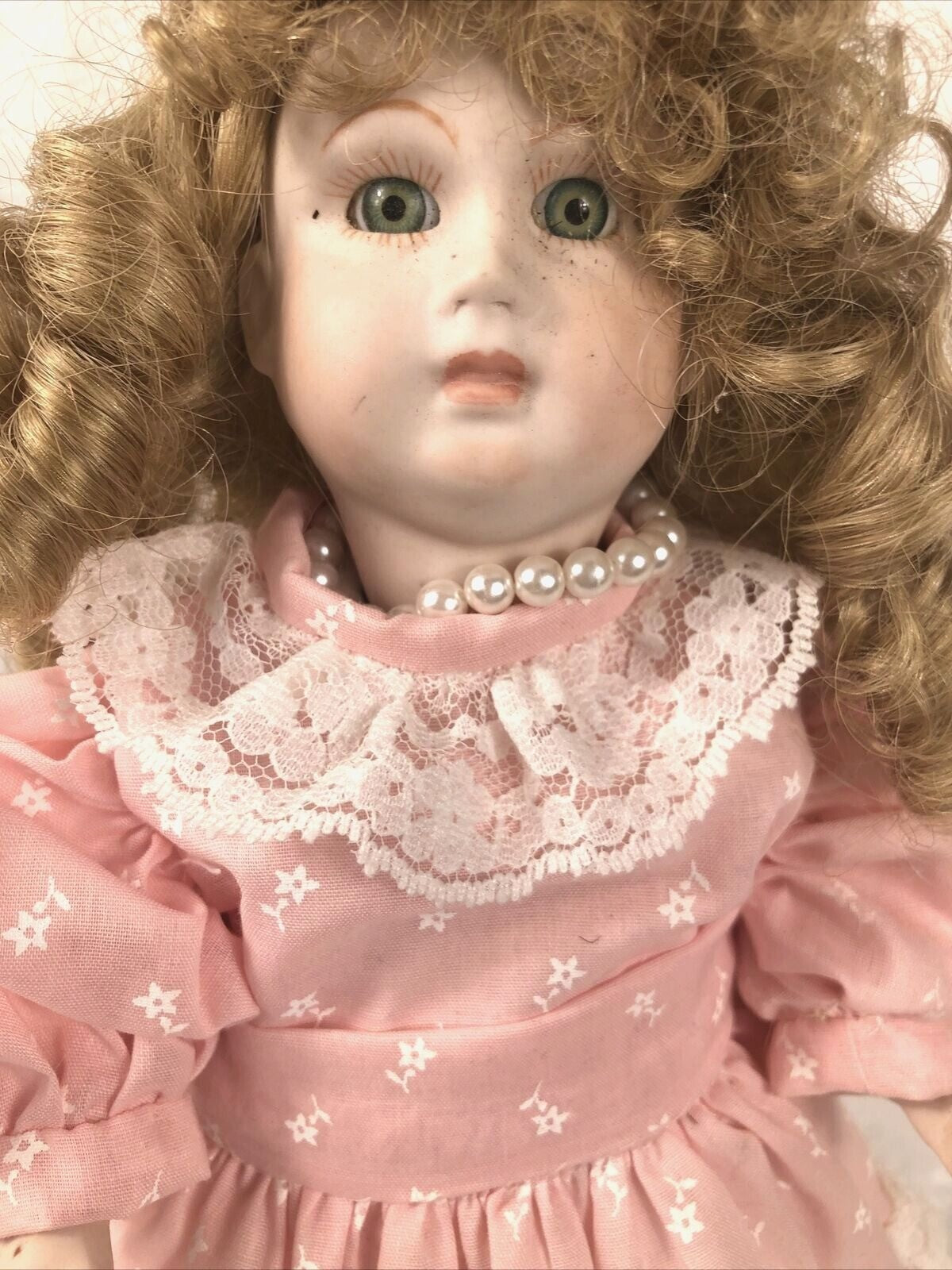 Vintage Porcelain Doll With Curly Hair & Pink Lace Dress