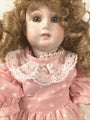 Vintage Porcelain Doll With Curly Hair & Pink Lace Dress