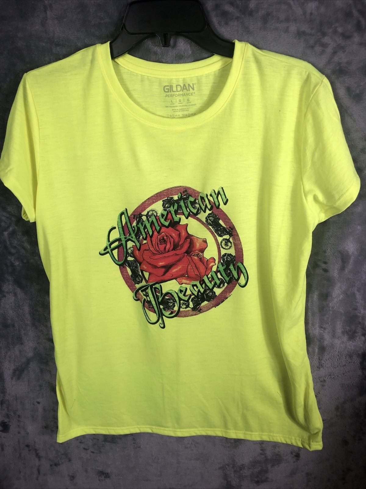 Women’s T-Shirt American Beauty With Rose Size Large Yellow Short Sleeve Shirt