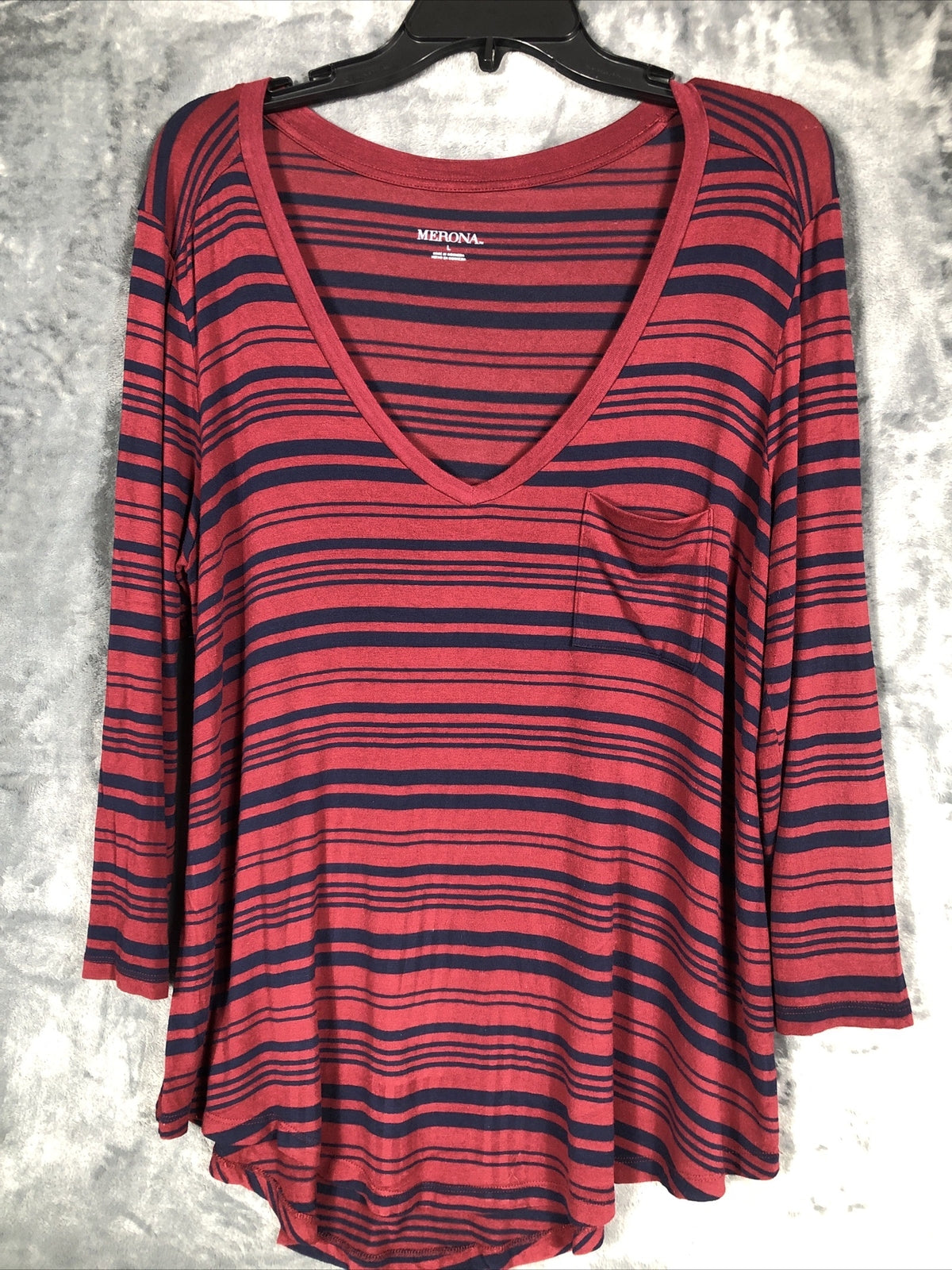 MERONA Casual TEE-LONG SLEEVE Size Adult Large Red Black Stripes