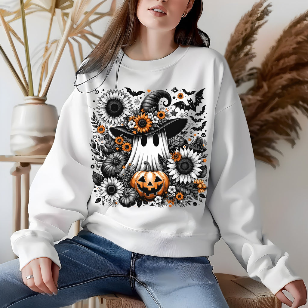 Womans Sweatshirt Halloween Gift Retro Ghost Shirt  Floral Cozy Cottagecore Top