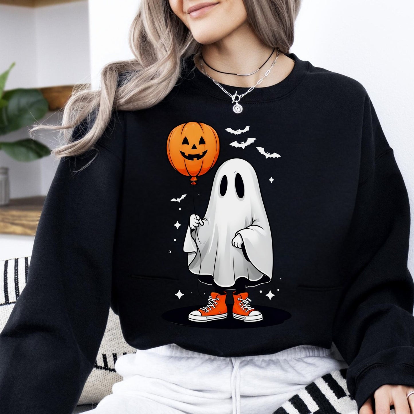 Ghost with Pumpkin Balloon Halloween Sweatshirt Cozy Fall Vibes & Spooky Style