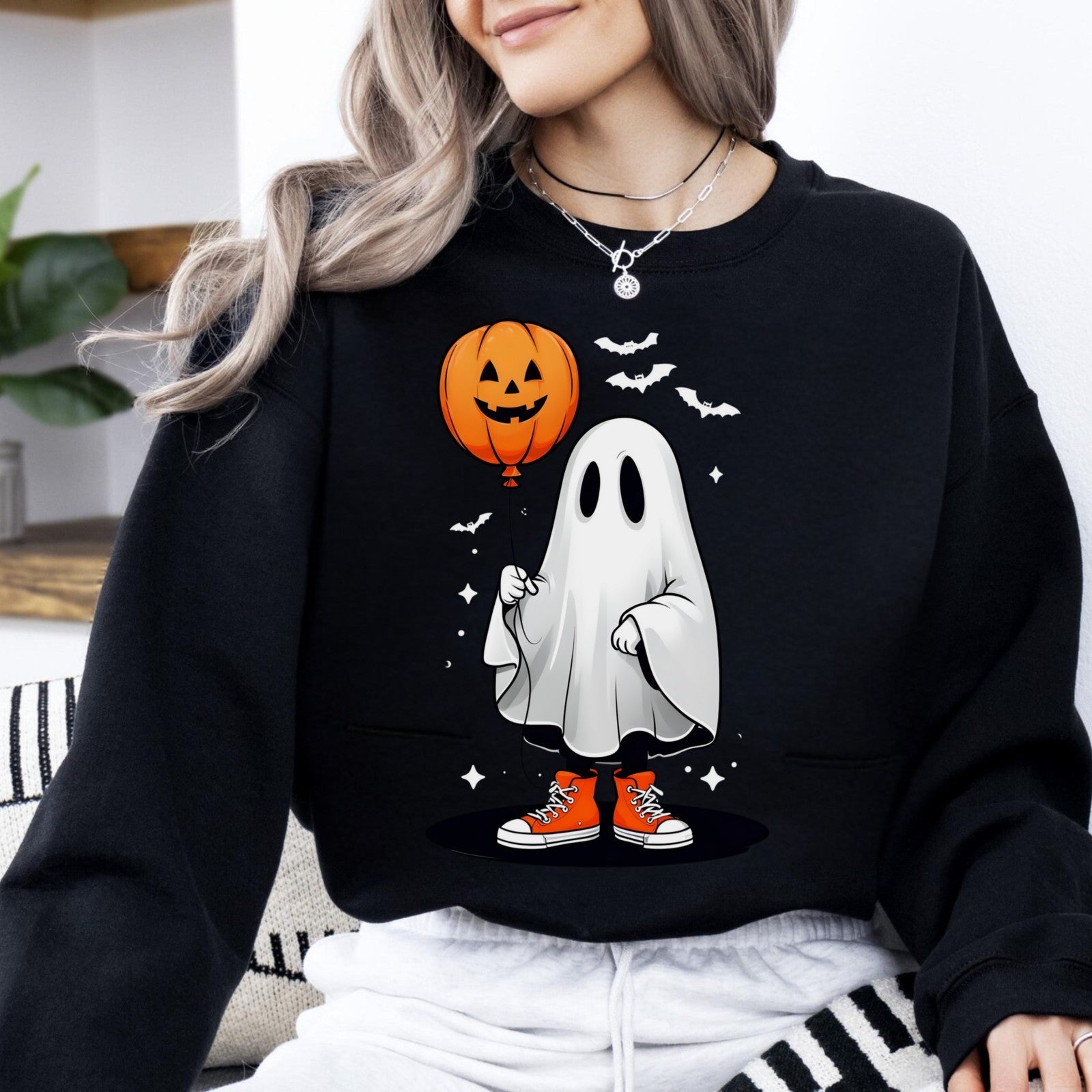 Ghost with Pumpkin Balloon Halloween Sweatshirt Cozy Fall Vibes & Spooky Style