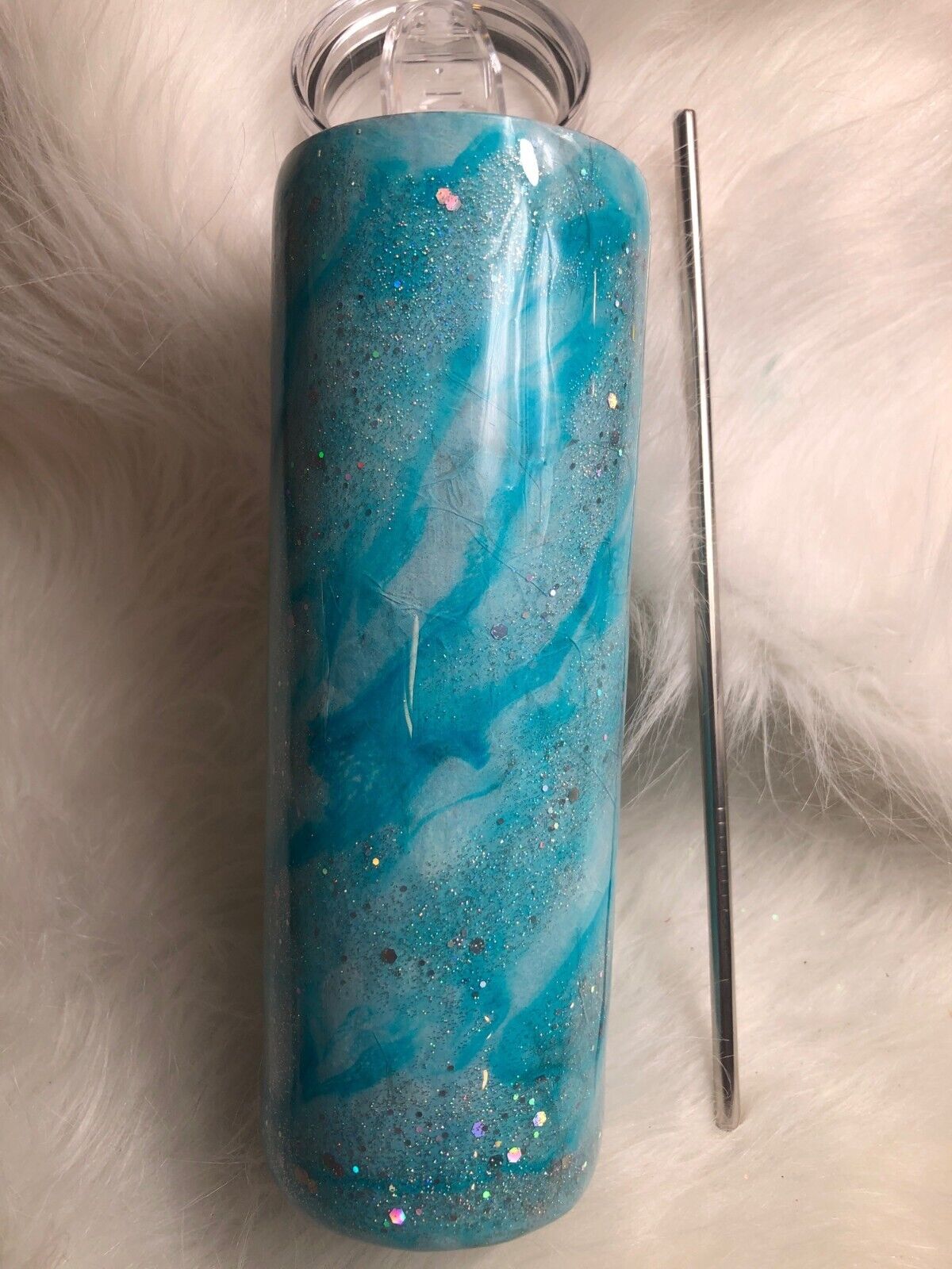 Glittery Blue Tumbler Handmade Swirl Stainless Steel Cup includes Lid & Straw