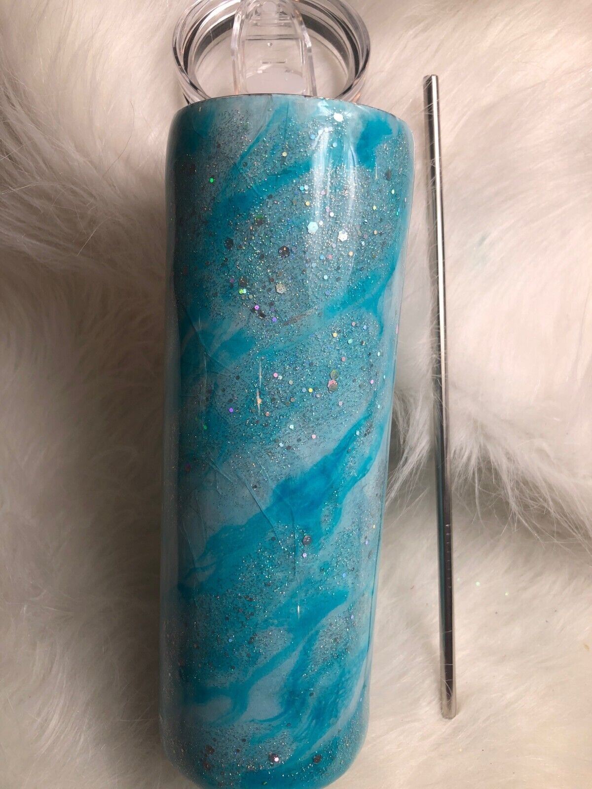 Glittery Blue Tumbler Handmade Swirl Stainless Steel Cup includes Lid & Straw