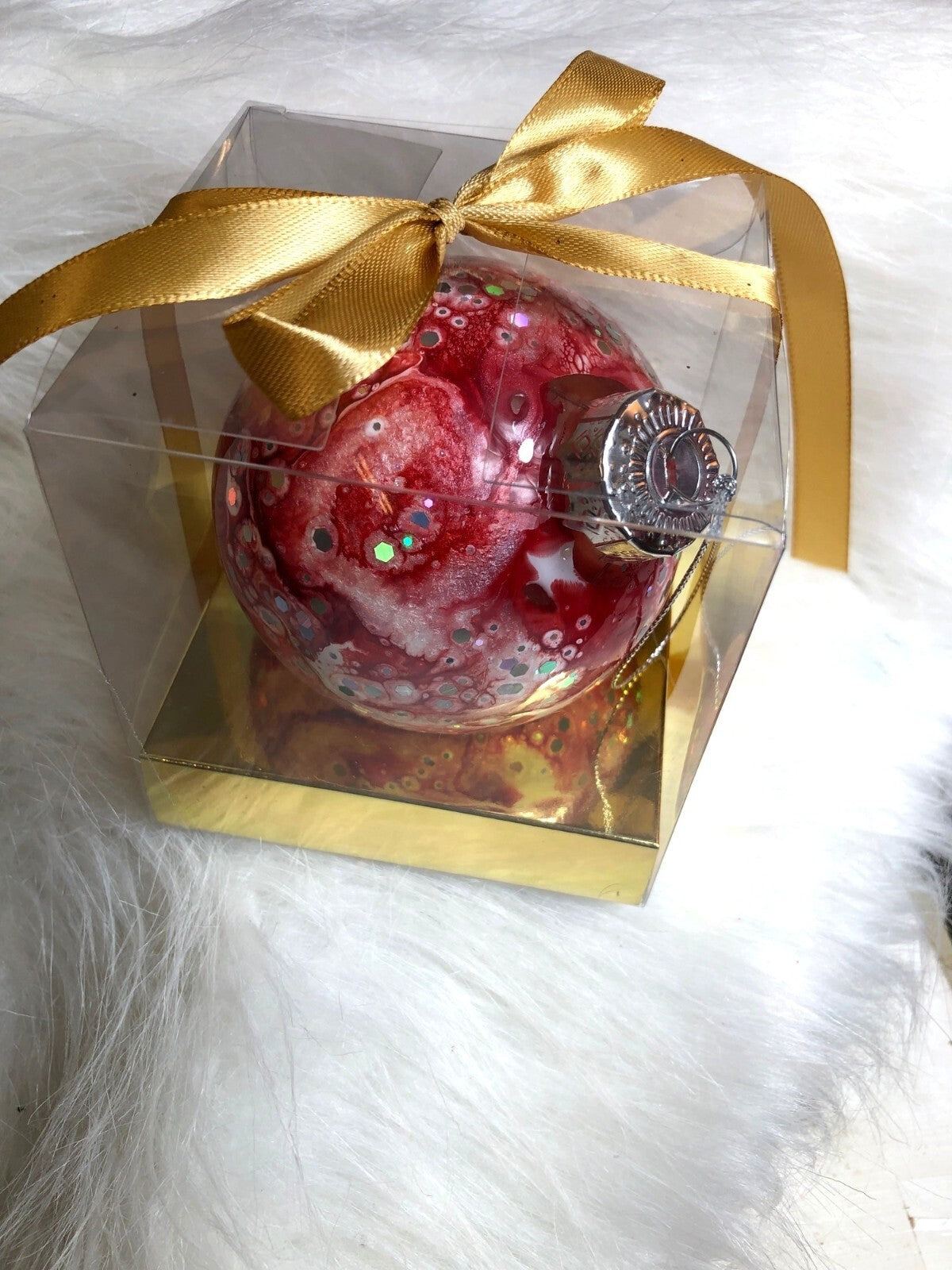 Hand-Painted Red & Silver Holiday Ornament With Glitter Accents For Christmas Tr