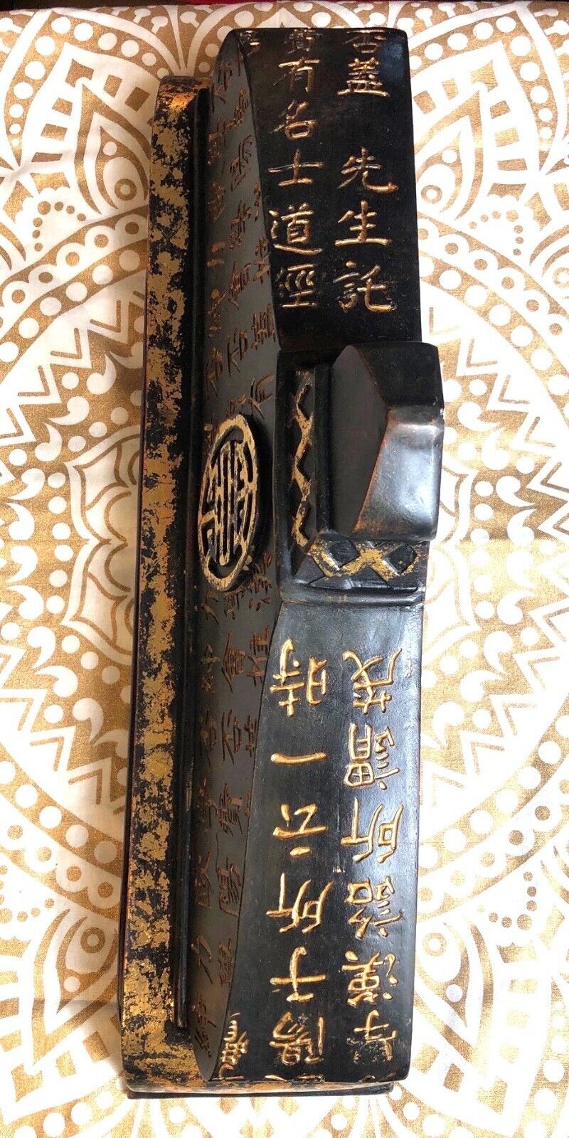 Antique Chinese-Style Black & Gold Decorative Wall Shelf With Carved Characters