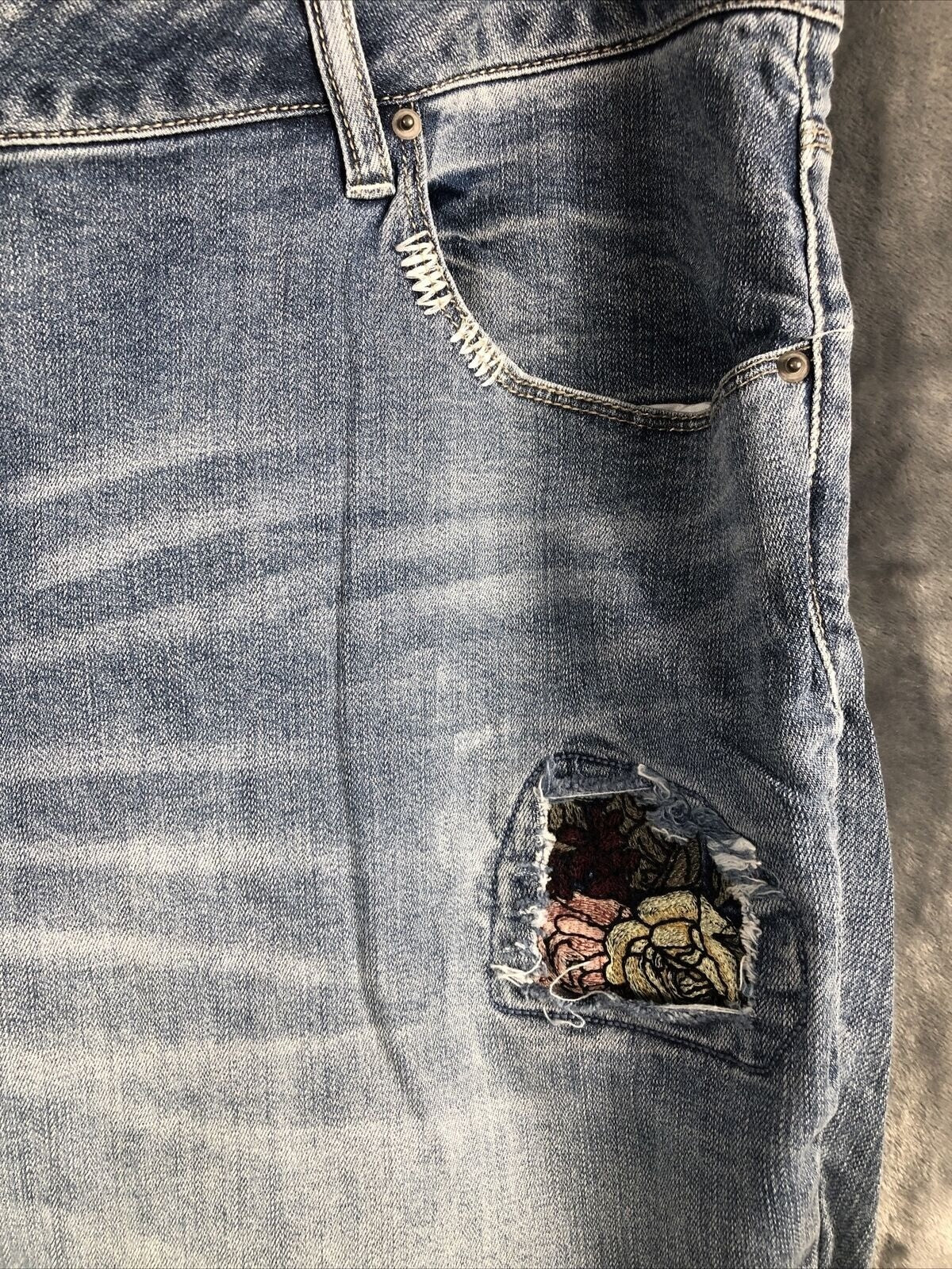 Vintage Distressed Womans Jeans Blue Denim With Floral Patchwork