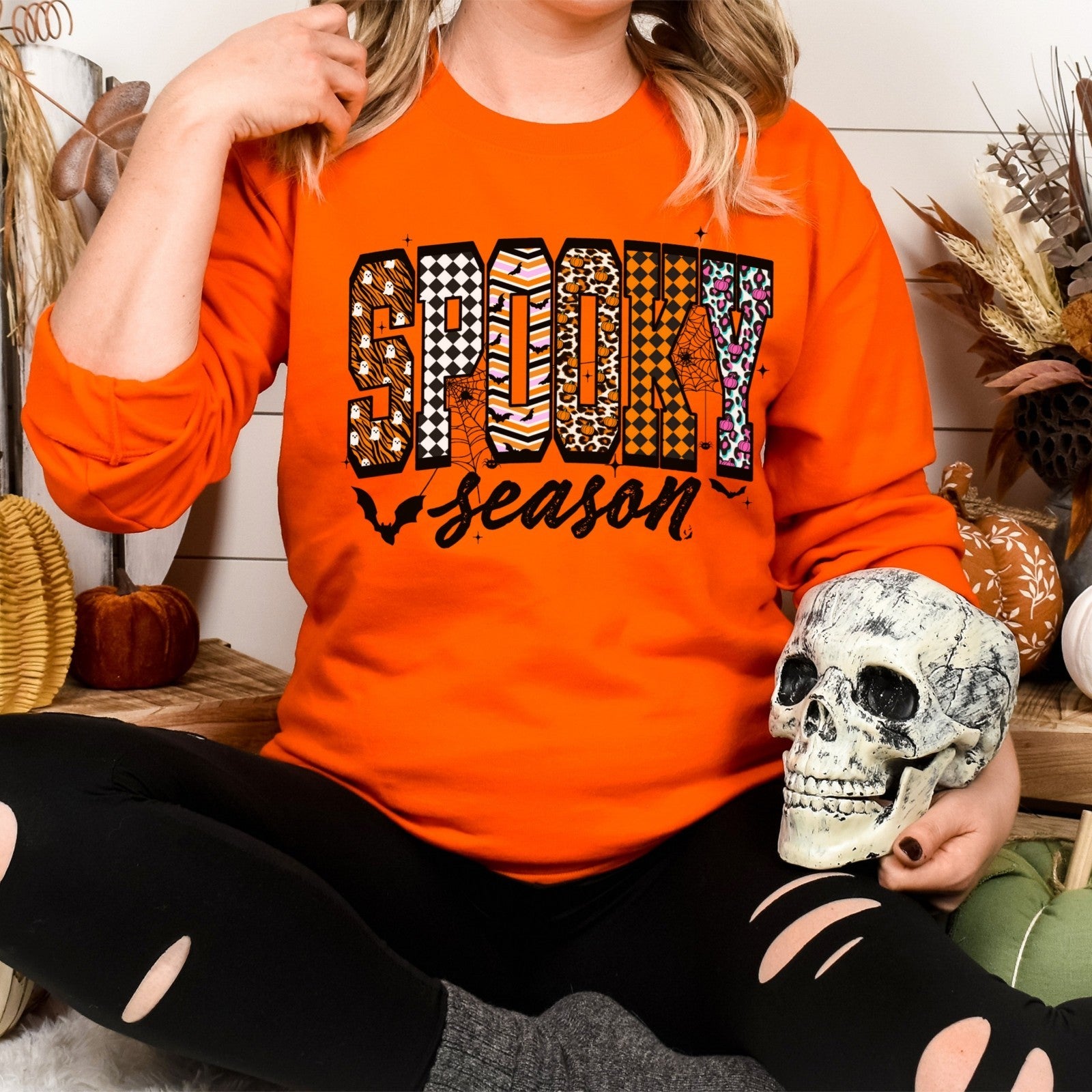 Spooky Halloween Sweatshirt Retro Halloween Top Coquette Leopard Checkered Fall