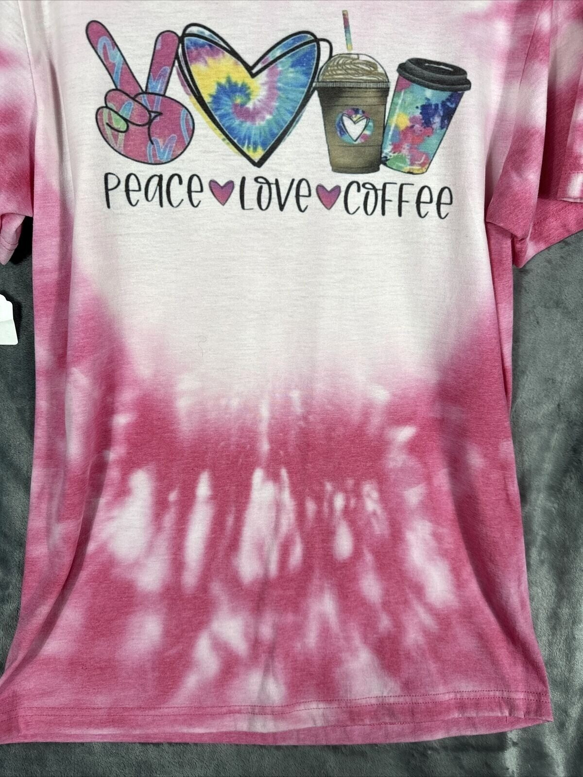 Gildan Women’s TShirt Peace Love And Coffee Shirt Pink Hippie Vibes Medium Top